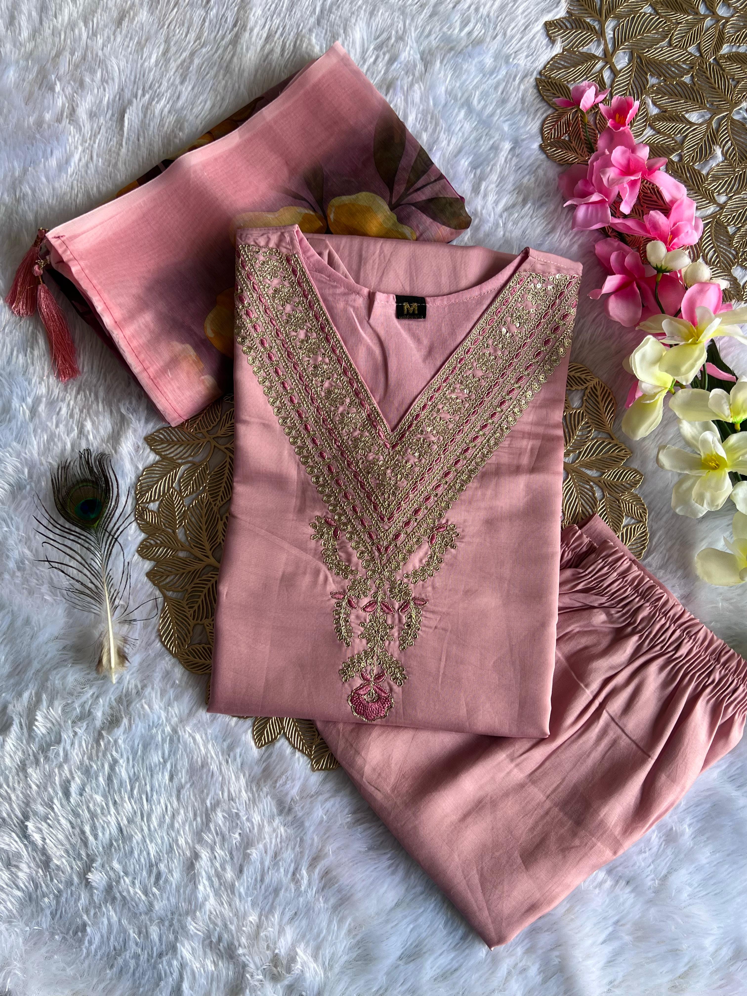 Peach Roman Silk Embroidered Kurta Set with Trouser & Dupatta