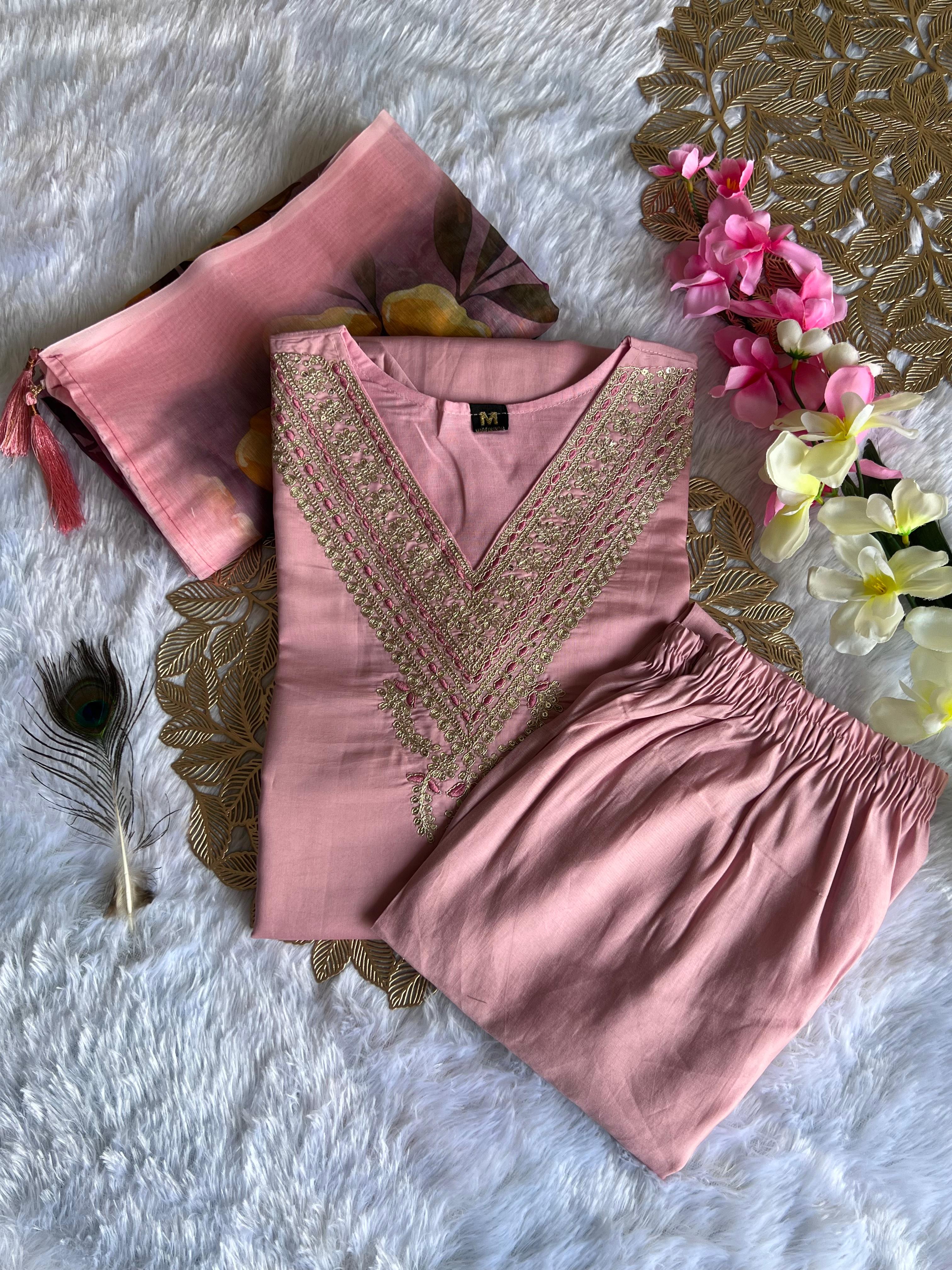 Peach Roman Silk Embroidered Kurta Set with Trouser & Dupatta