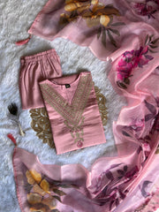 Peach Roman Silk Embroidered Kurta Set with Trouser & Dupatta