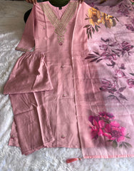 Peach Roman Silk Embroidered Kurta Set with Trouser & Dupatta