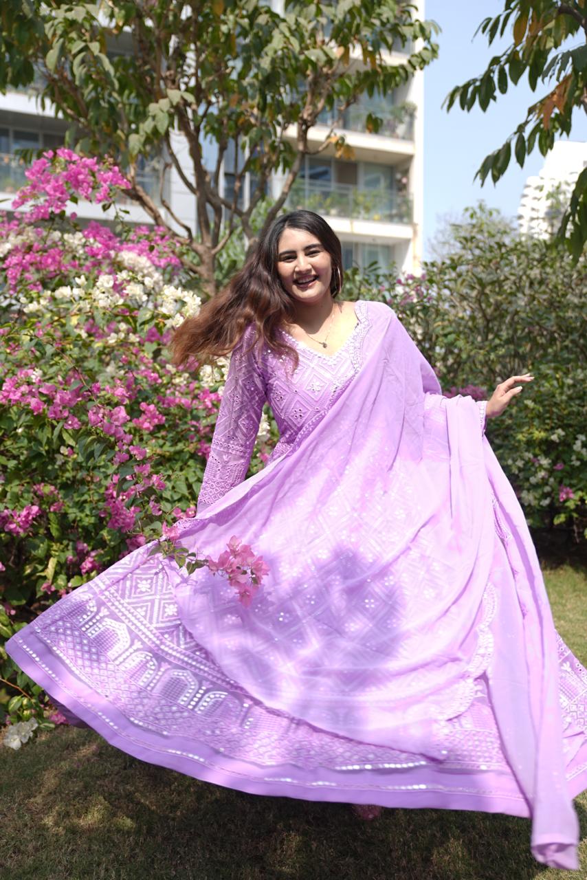 Faux Georgette Embroidered Gown with Tabby Silk Dupatta – Elegant Party Wear