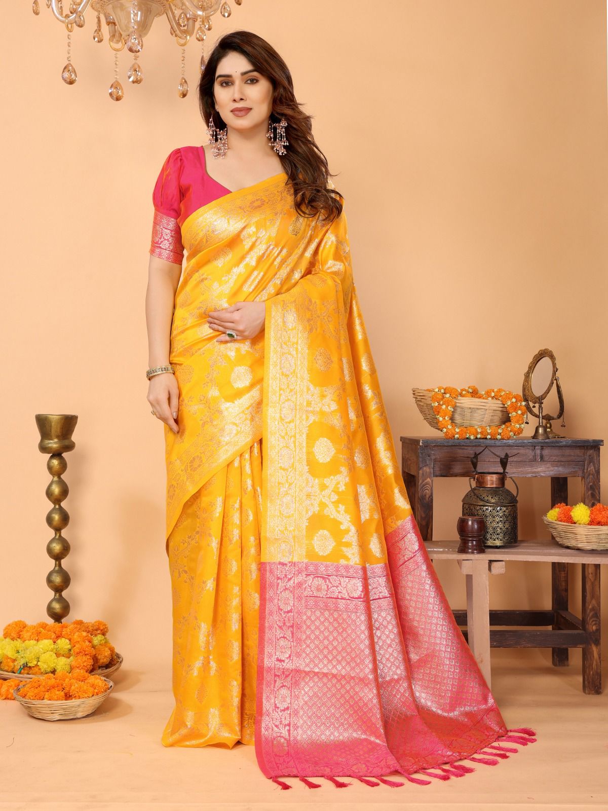 Yellow Zari Woven Kanjivaram Soft Lichi Silk Saree