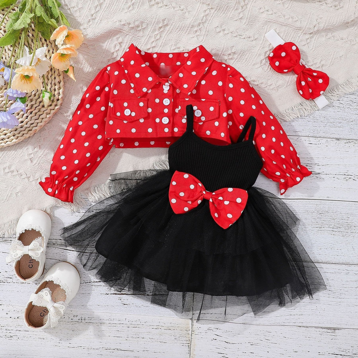 Polka Dot Baby Girls Dress with Jacket and Headband – Soft Cotton Blend Outfit