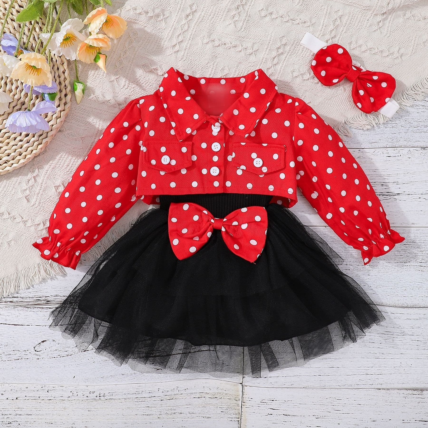 Polka Dot Baby Girls Dress with Jacket and Headband – Soft Cotton Blend Outfit