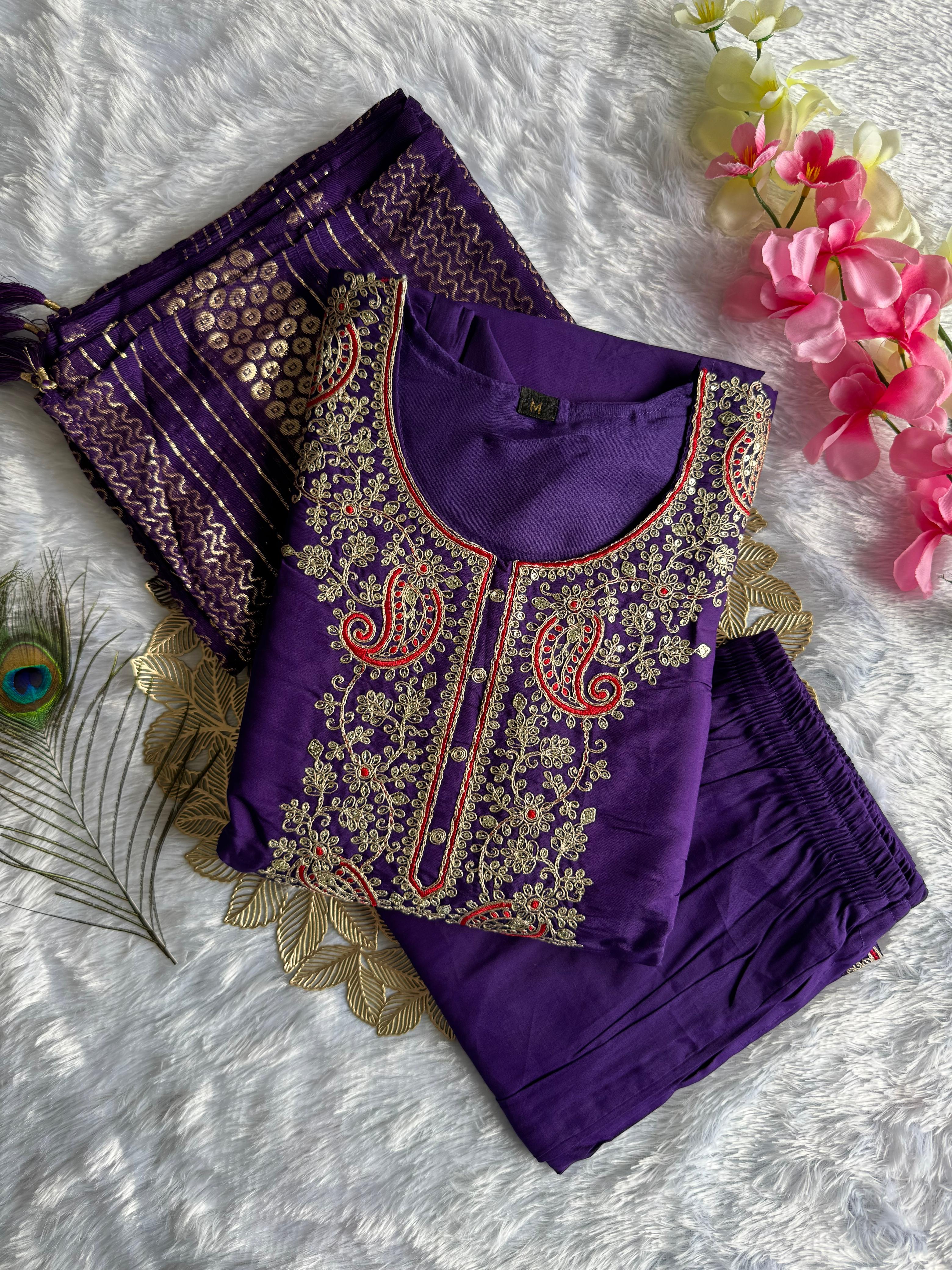 Elegant Purple Roman Silk Kurta Set with Embroidery & Sequins