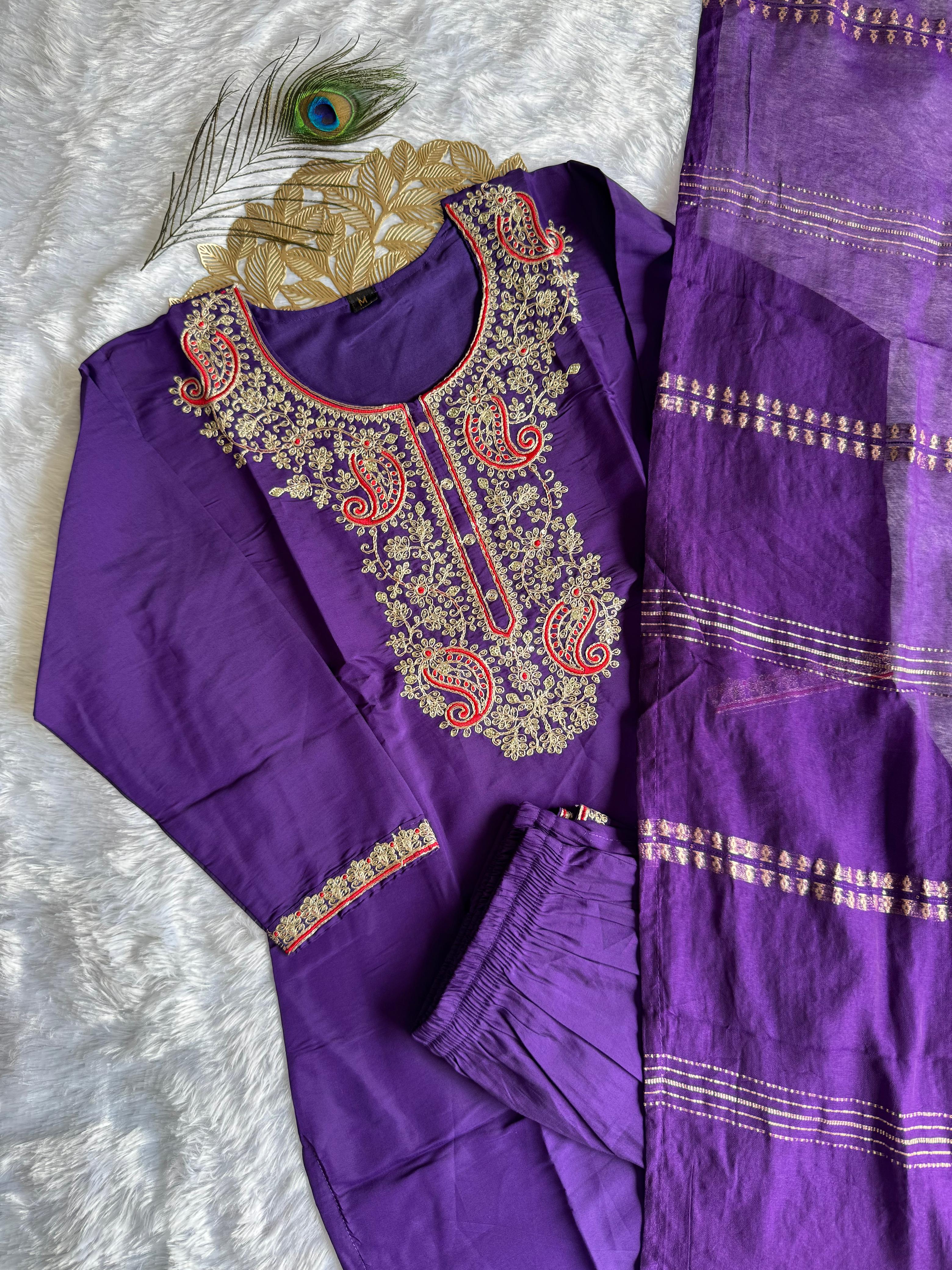 Elegant Purple Roman Silk Kurta Set with Embroidery & Sequins