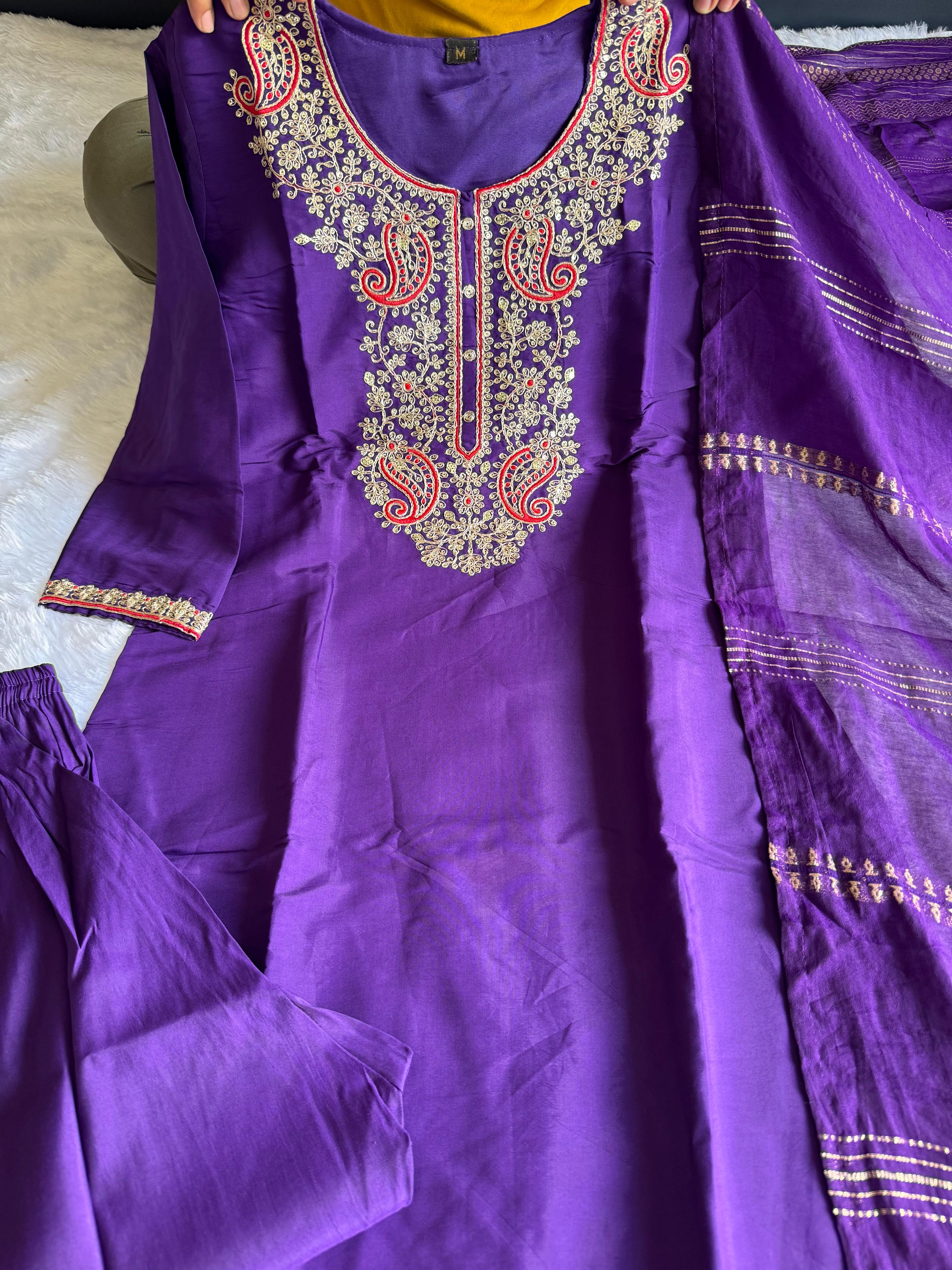 Elegant Purple Roman Silk Kurta Set with Embroidery & Sequins