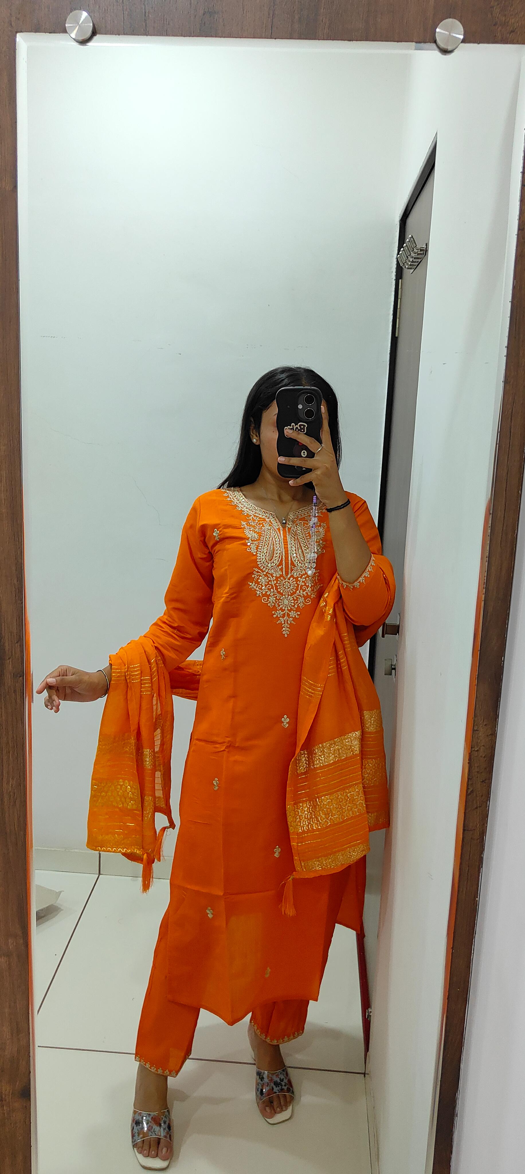 Orange Roman Silk Kurta Set with Embroidery & Sequins