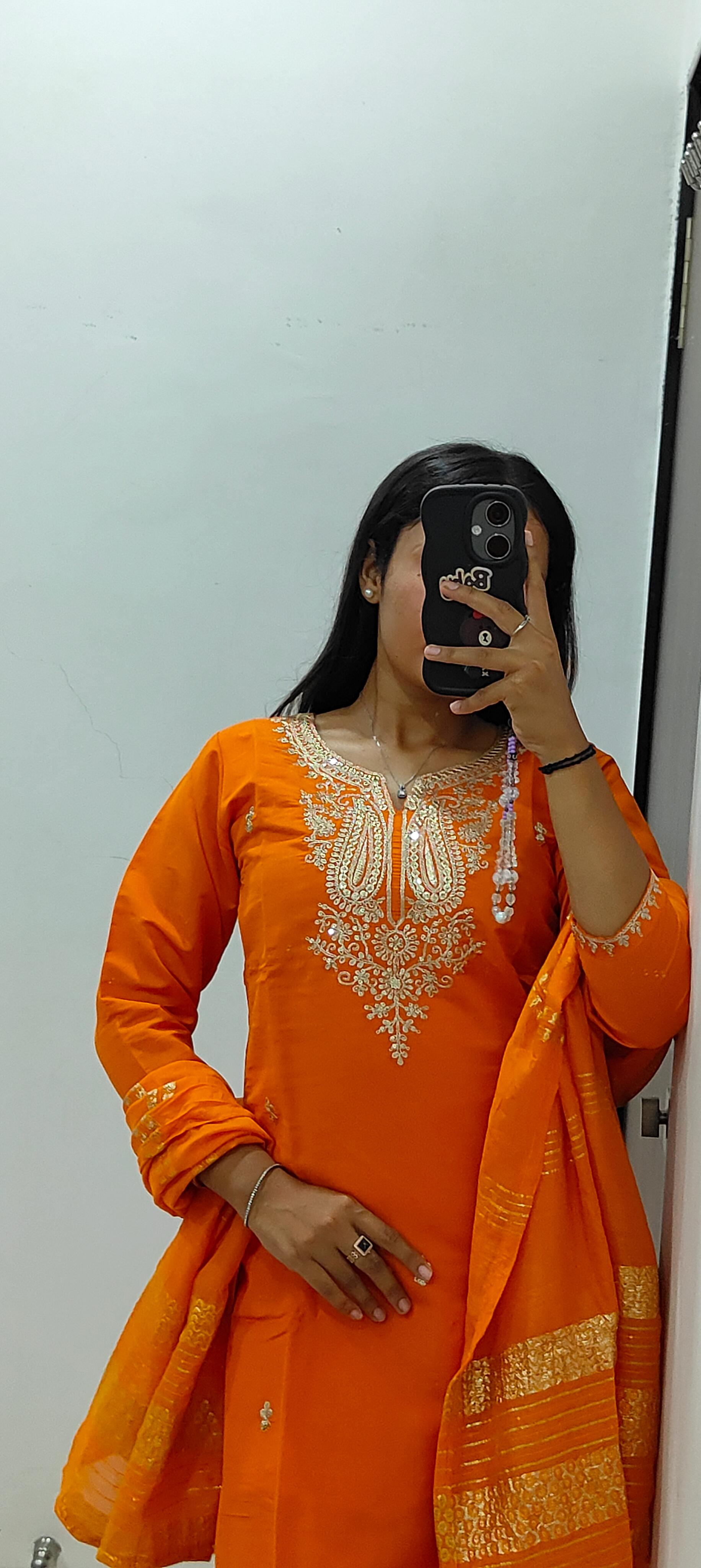 Orange Roman Silk Kurta Set with Embroidery & Sequins