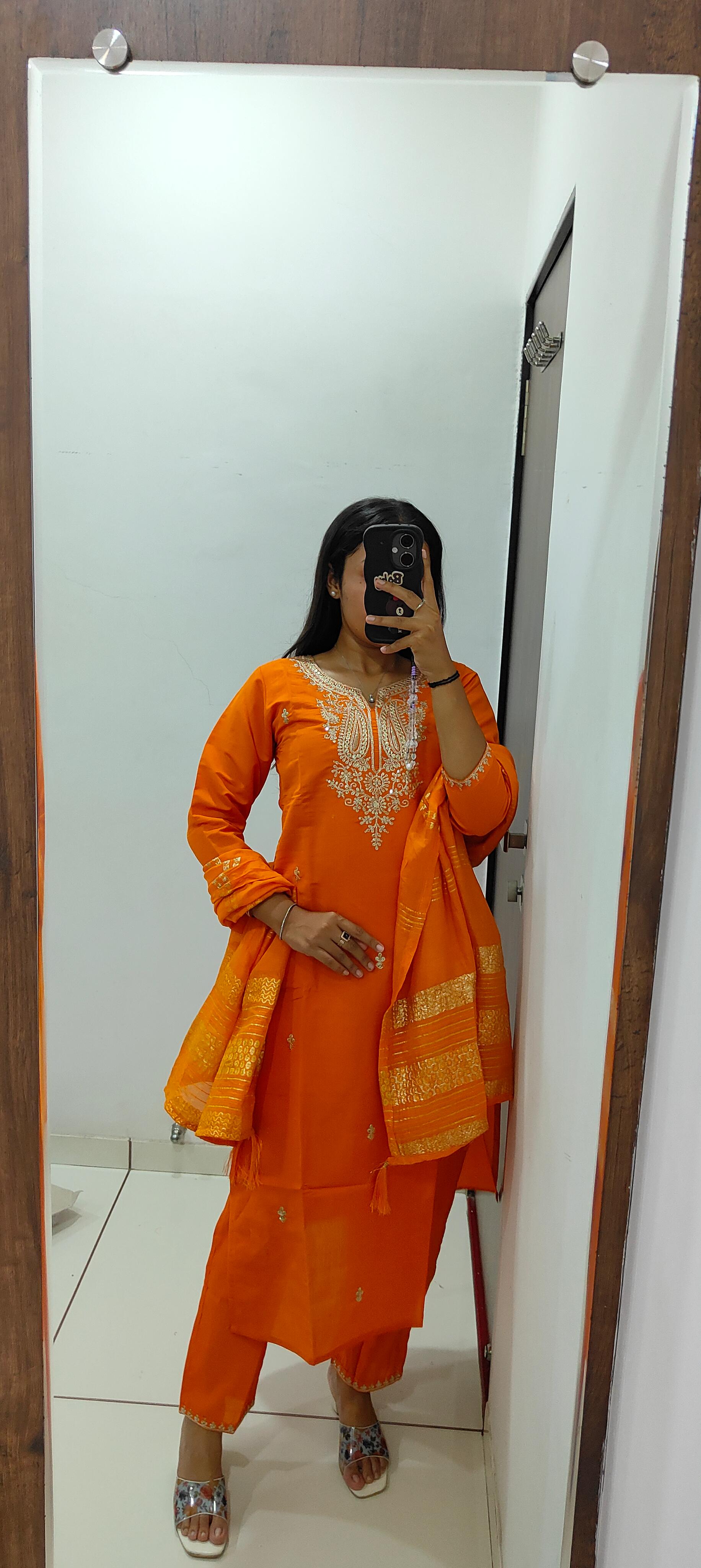 Orange Roman Silk Kurta Set with Embroidery & Sequins