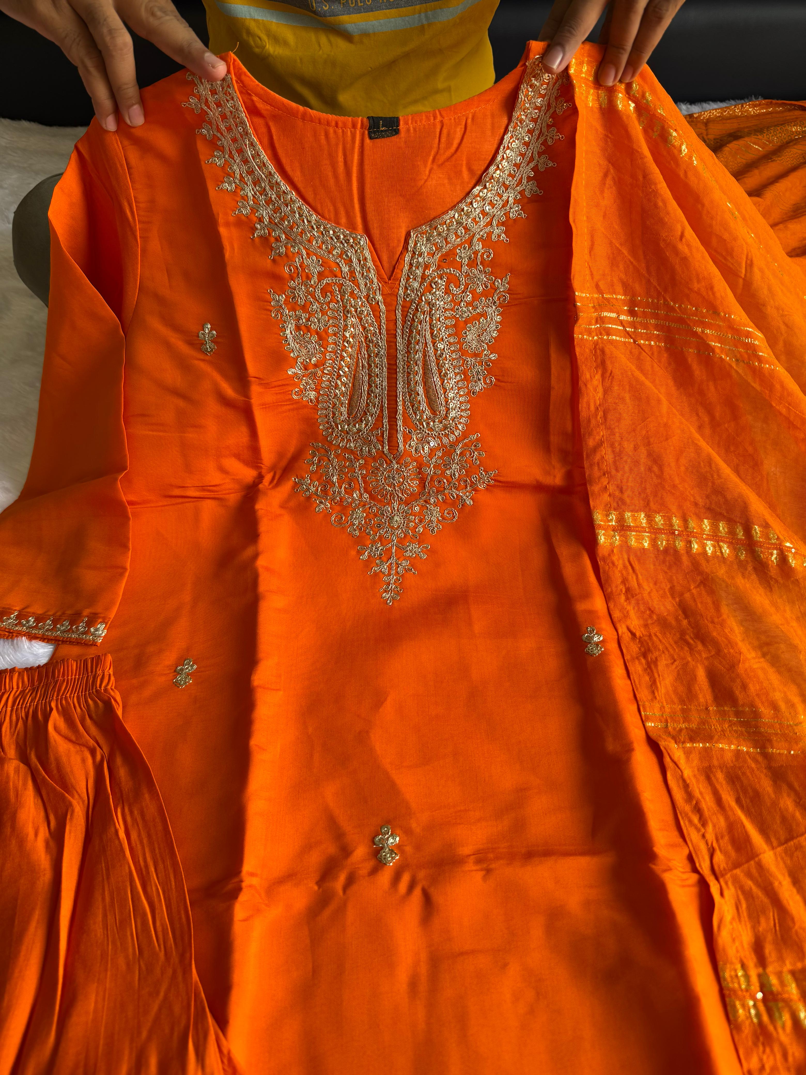 Orange Roman Silk Kurta Set with Embroidery & Sequins