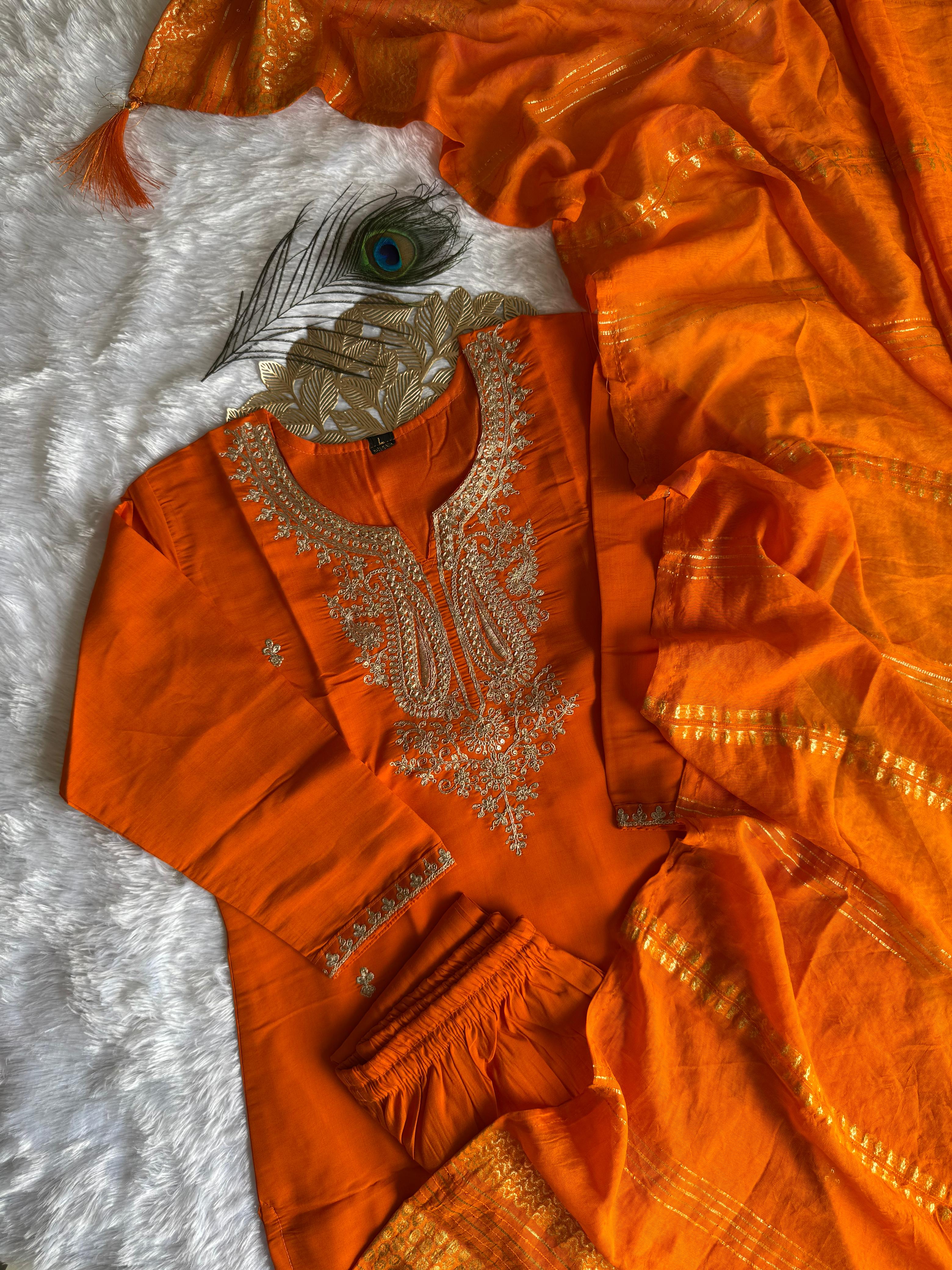Orange Roman Silk Kurta Set with Embroidery & Sequins