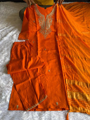Orange Roman Silk Kurta Set with Embroidery & Sequins