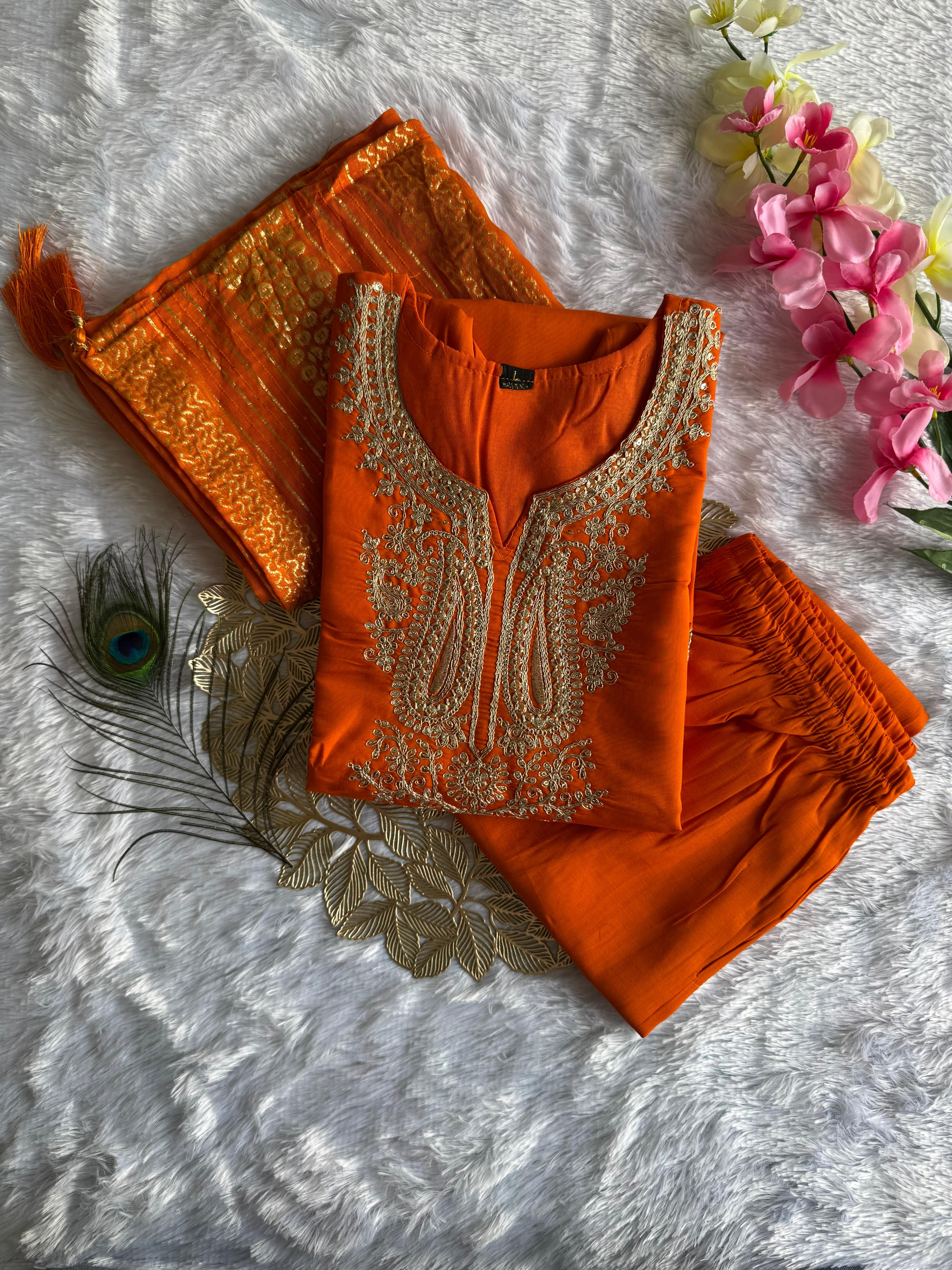 Orange Roman Silk Kurta Set with Embroidery & Sequins