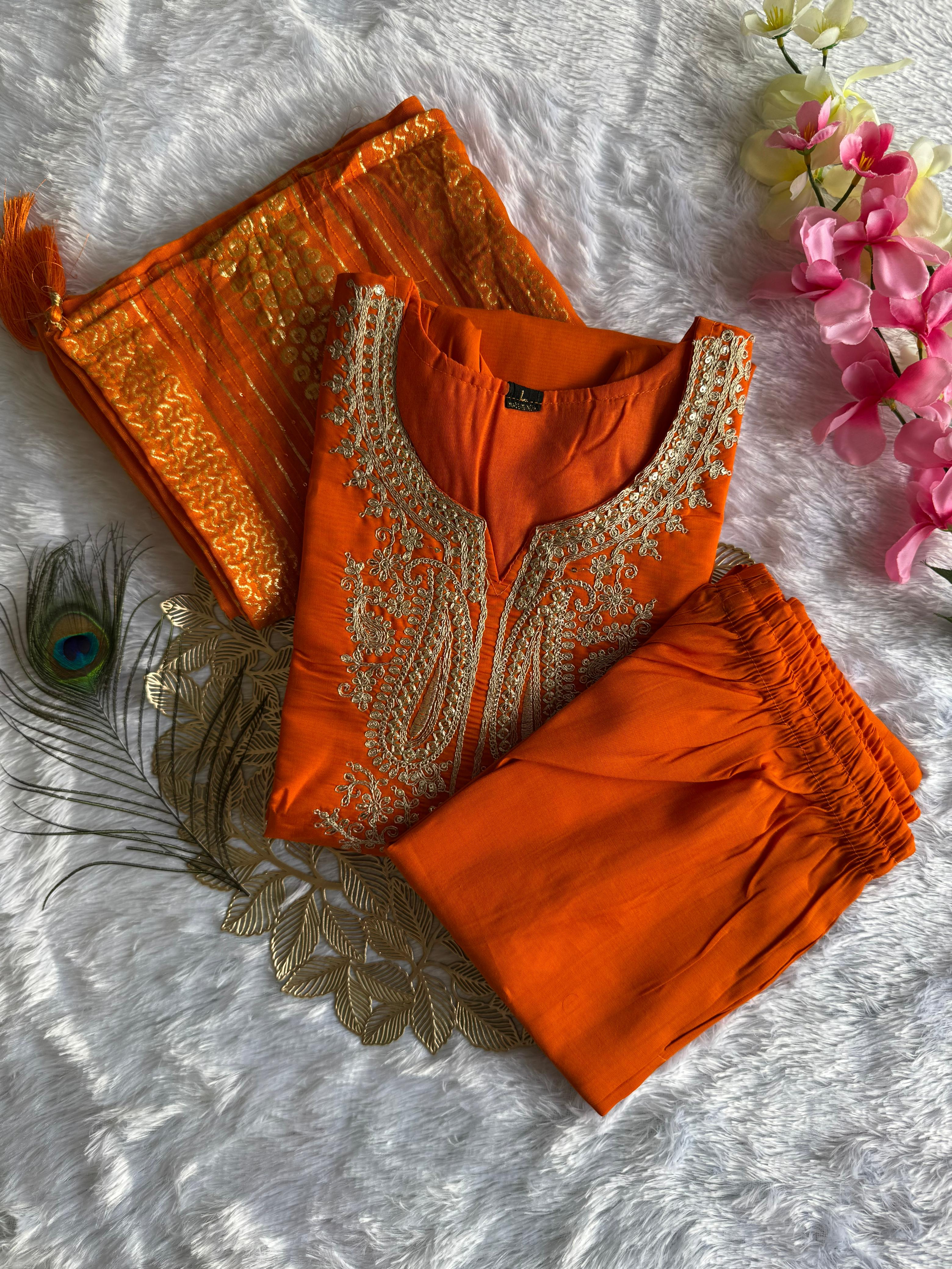 Orange Roman Silk Kurta Set with Embroidery & Sequins