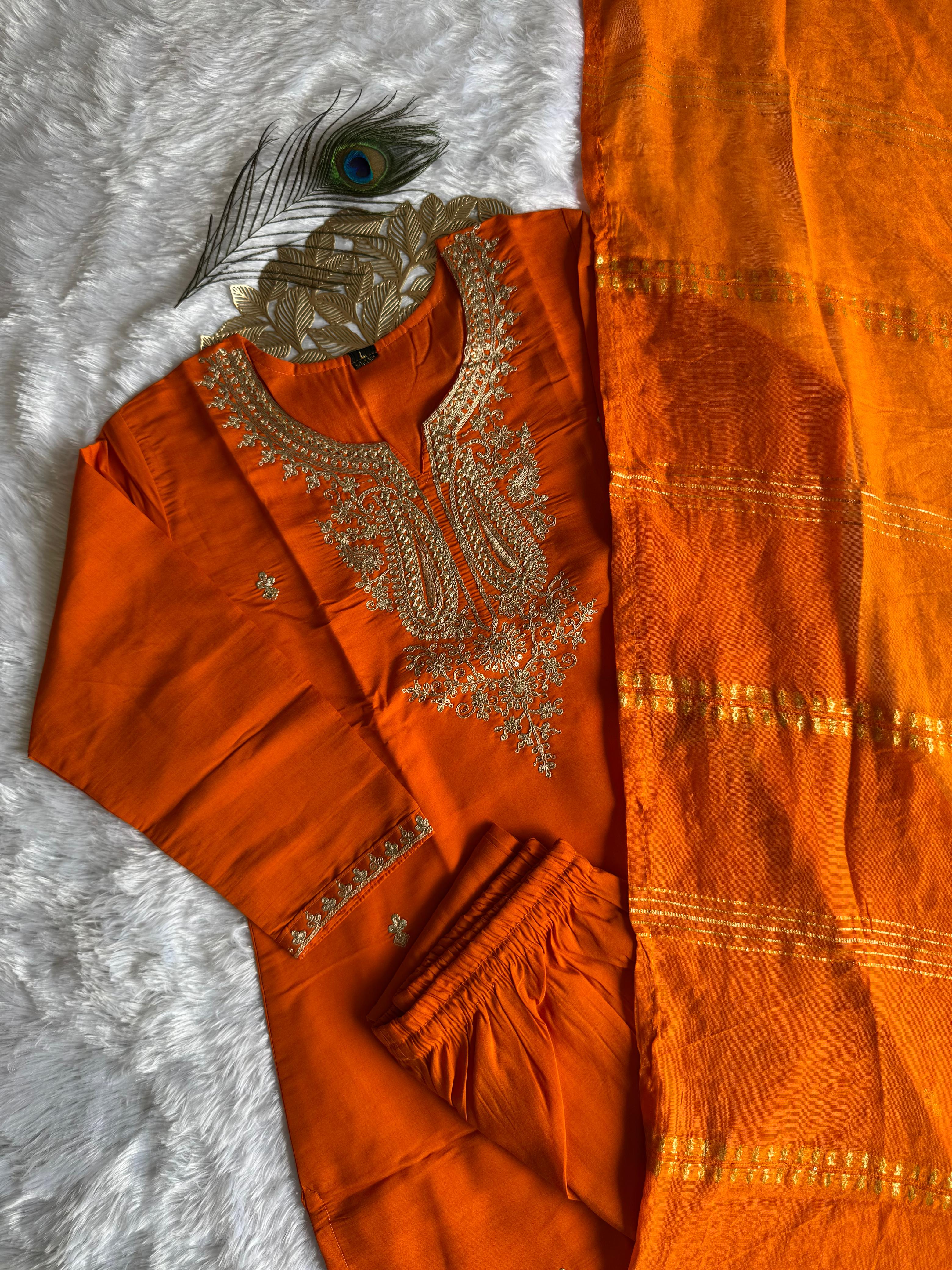 Orange Roman Silk Kurta Set with Embroidery & Sequins