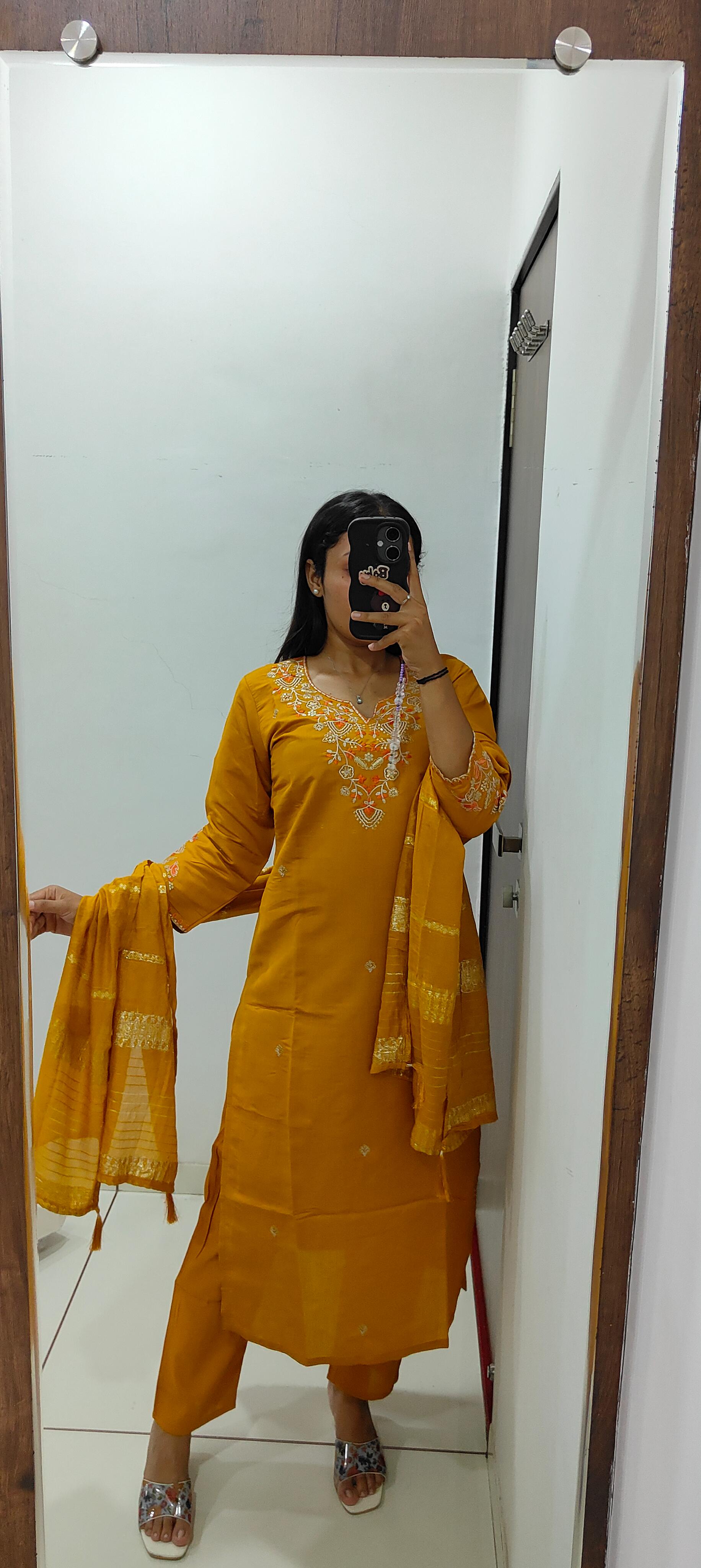 Mustard Roman Silk Embroidered Kurta Set with Trouser & Dupatta