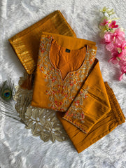 Mustard Roman Silk Embroidered Kurta Set with Trouser & Dupatta