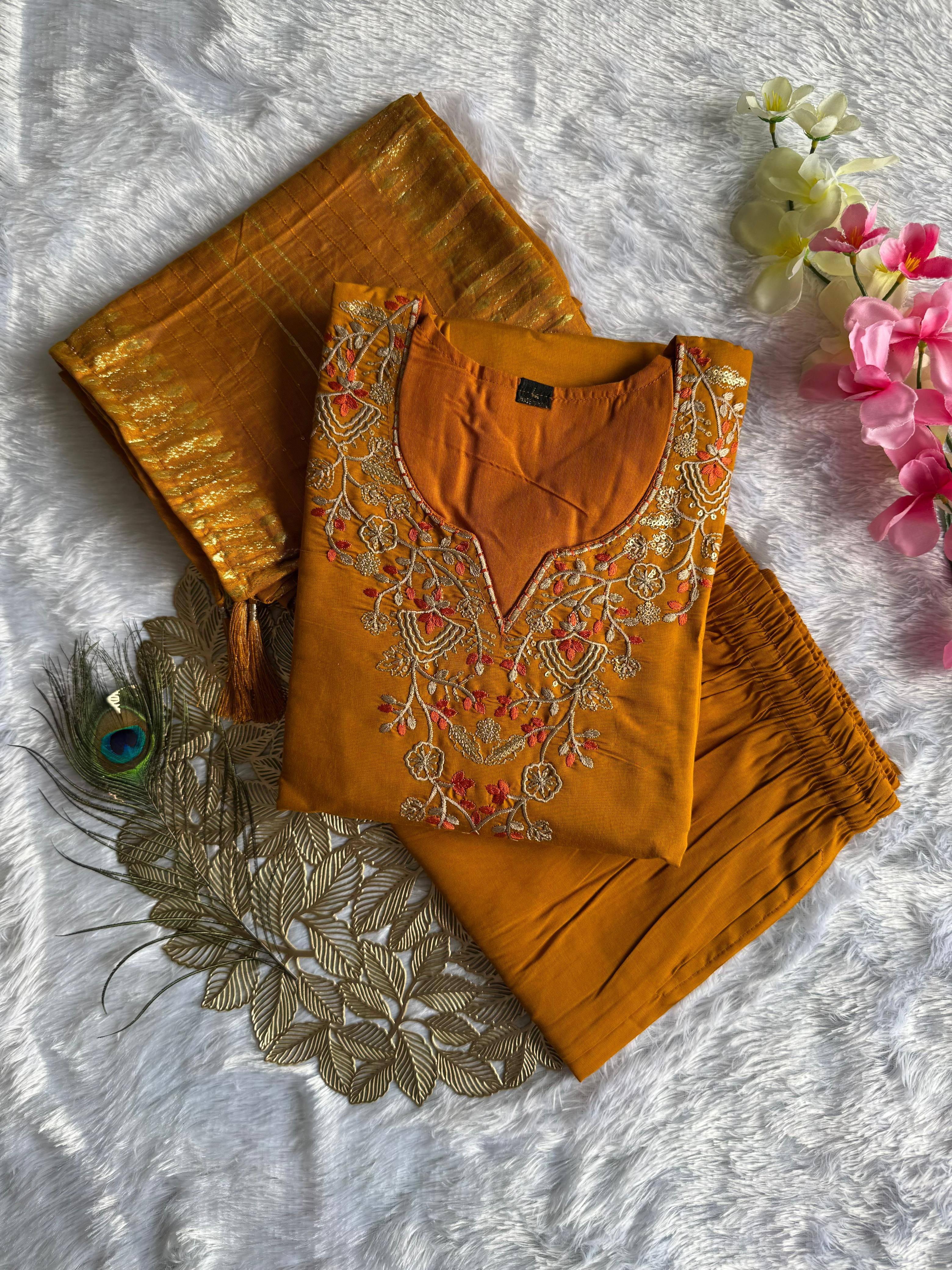 Mustard Roman Silk Embroidered Kurta Set with Trouser & Dupatta