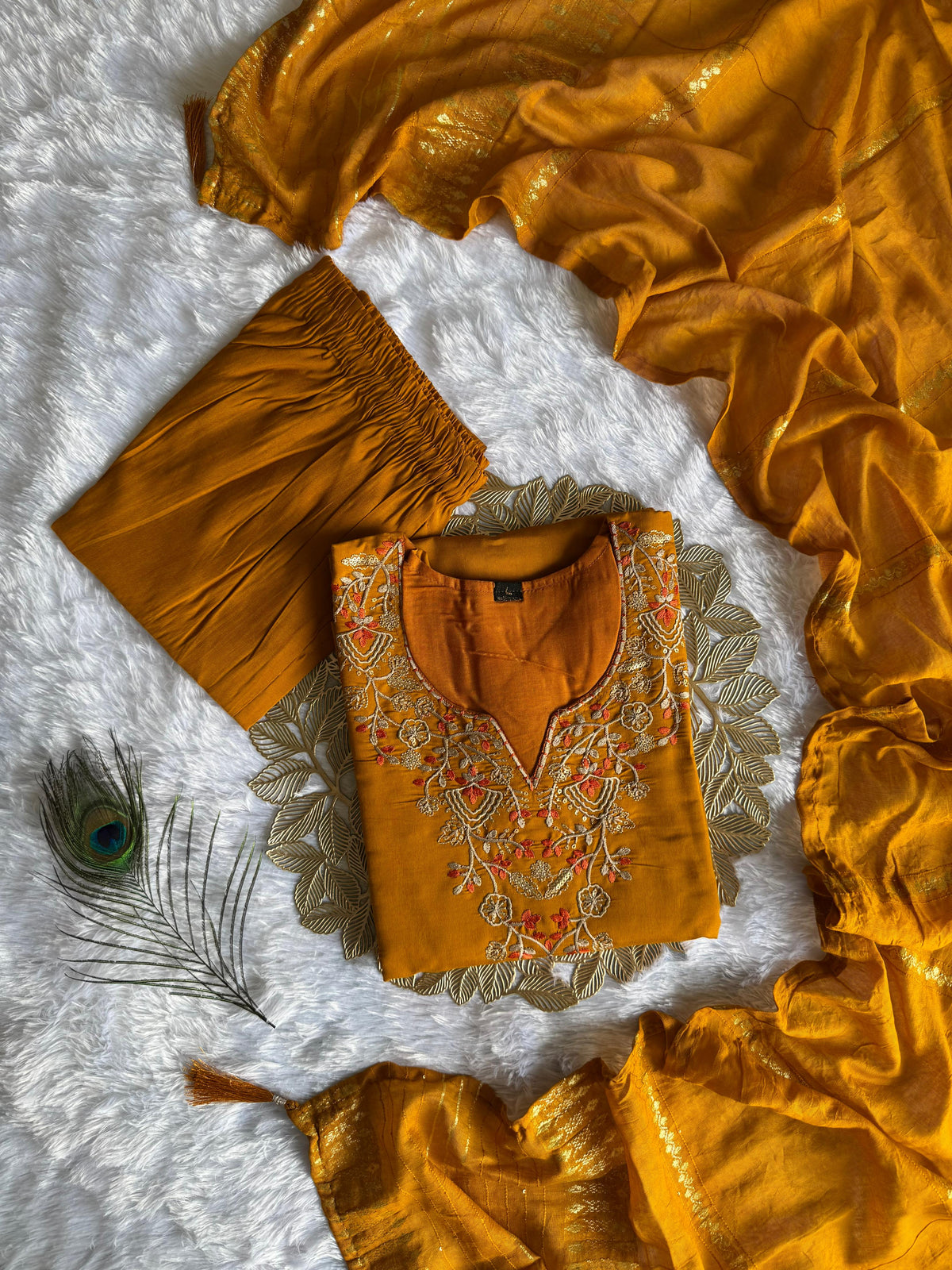Mustard Roman Silk Embroidered Kurta Set with Trouser & Dupatta