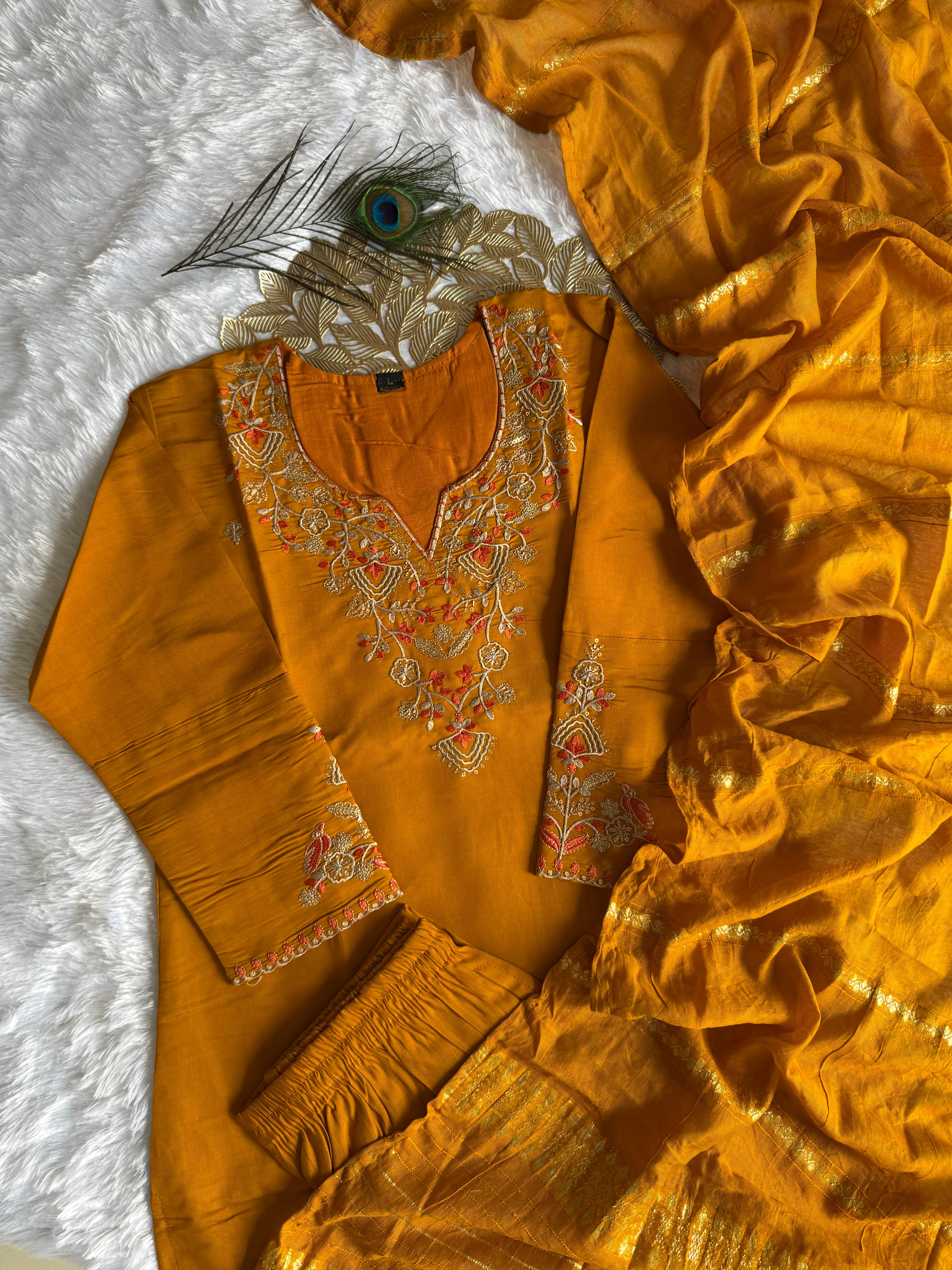 Mustard Roman Silk Embroidered Kurta Set with Trouser & Dupatta