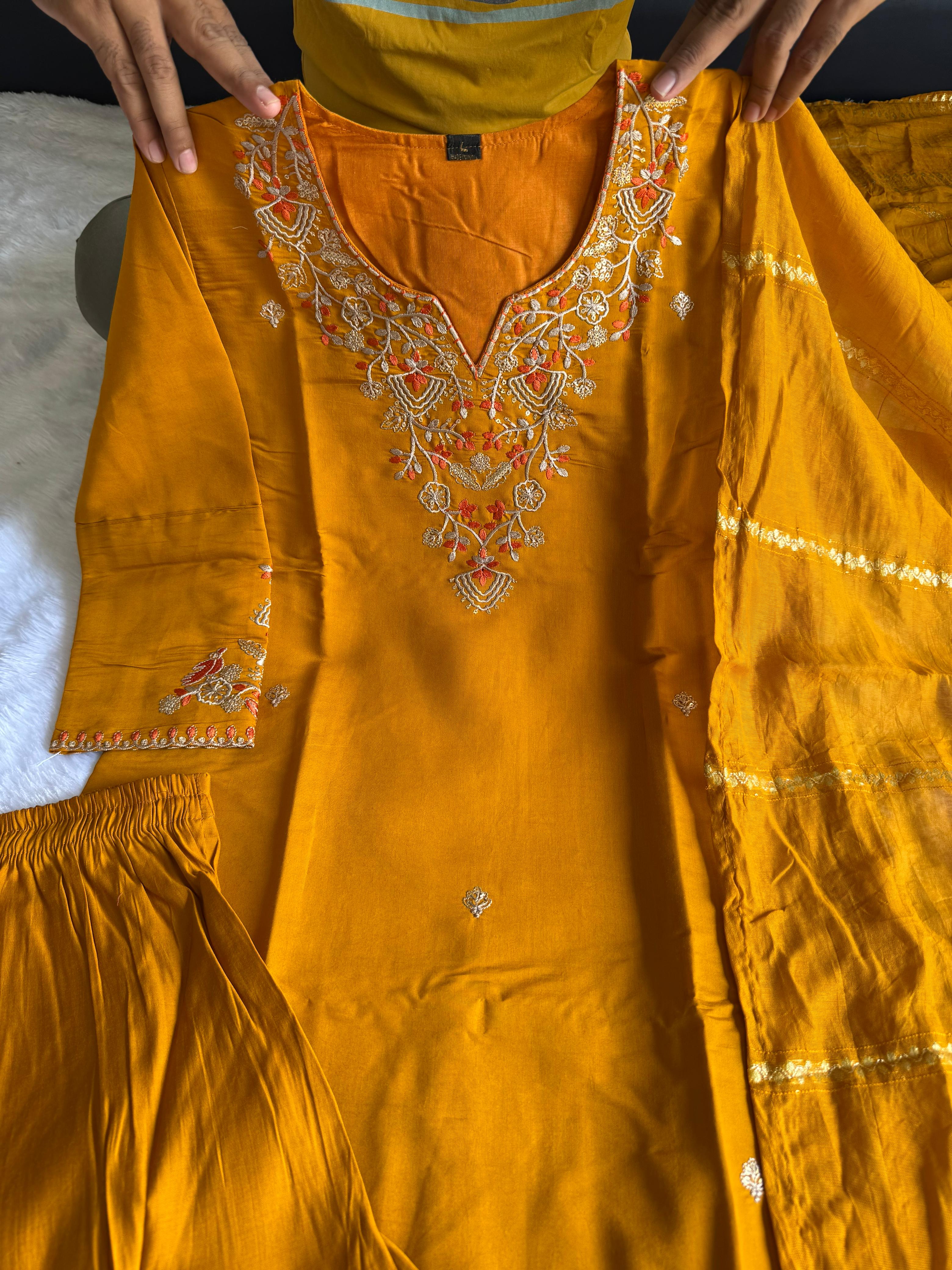 Mustard Roman Silk Embroidered Kurta Set with Trouser & Dupatta