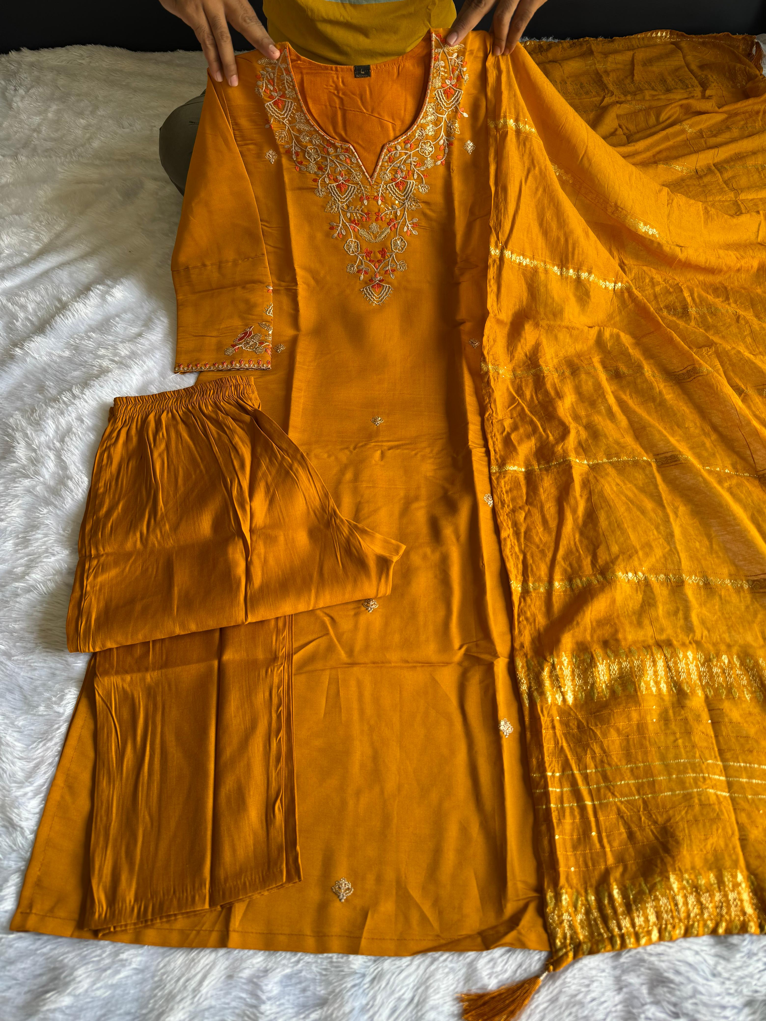 Mustard Roman Silk Embroidered Kurta Set with Trouser & Dupatta