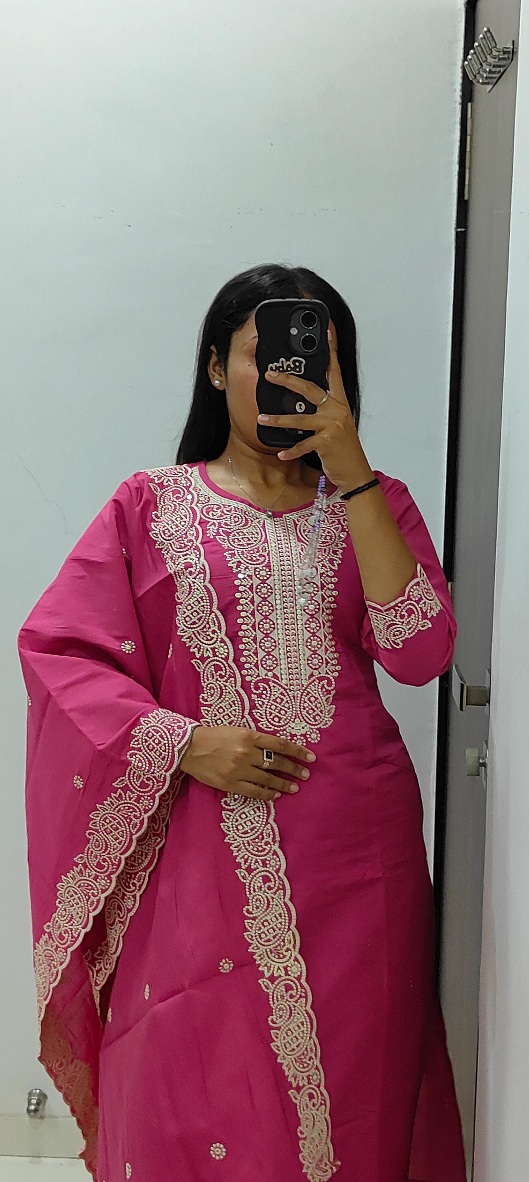 Graceful Peach Roman Silk Kurta Set with Detailed Embroidery