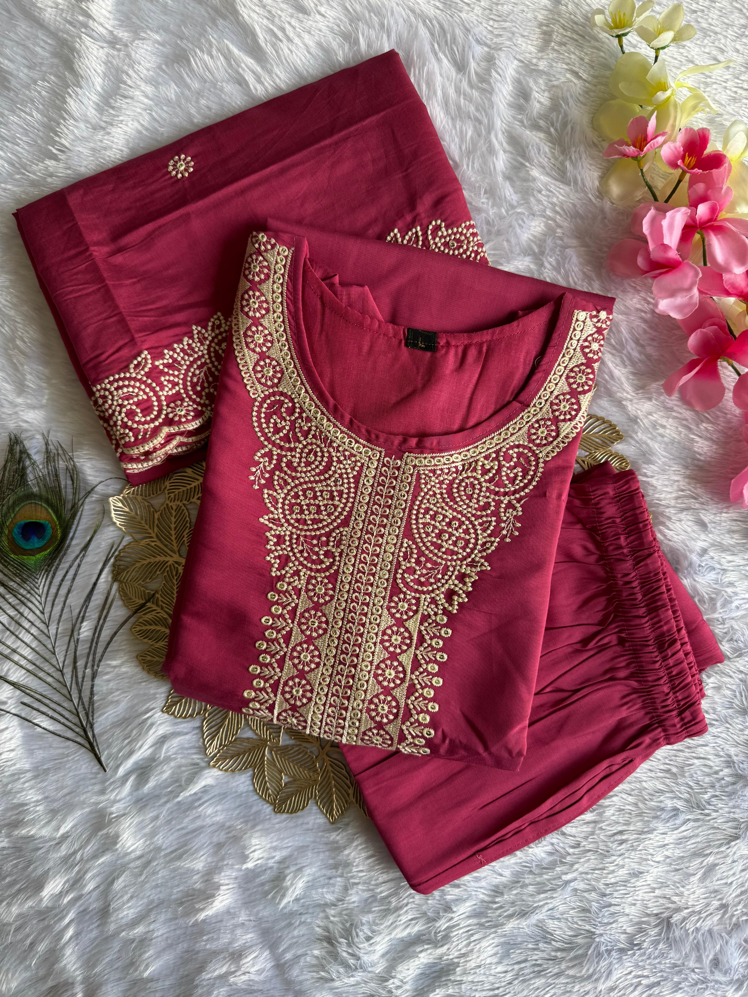 Graceful Peach Roman Silk Kurta Set with Detailed Embroidery
