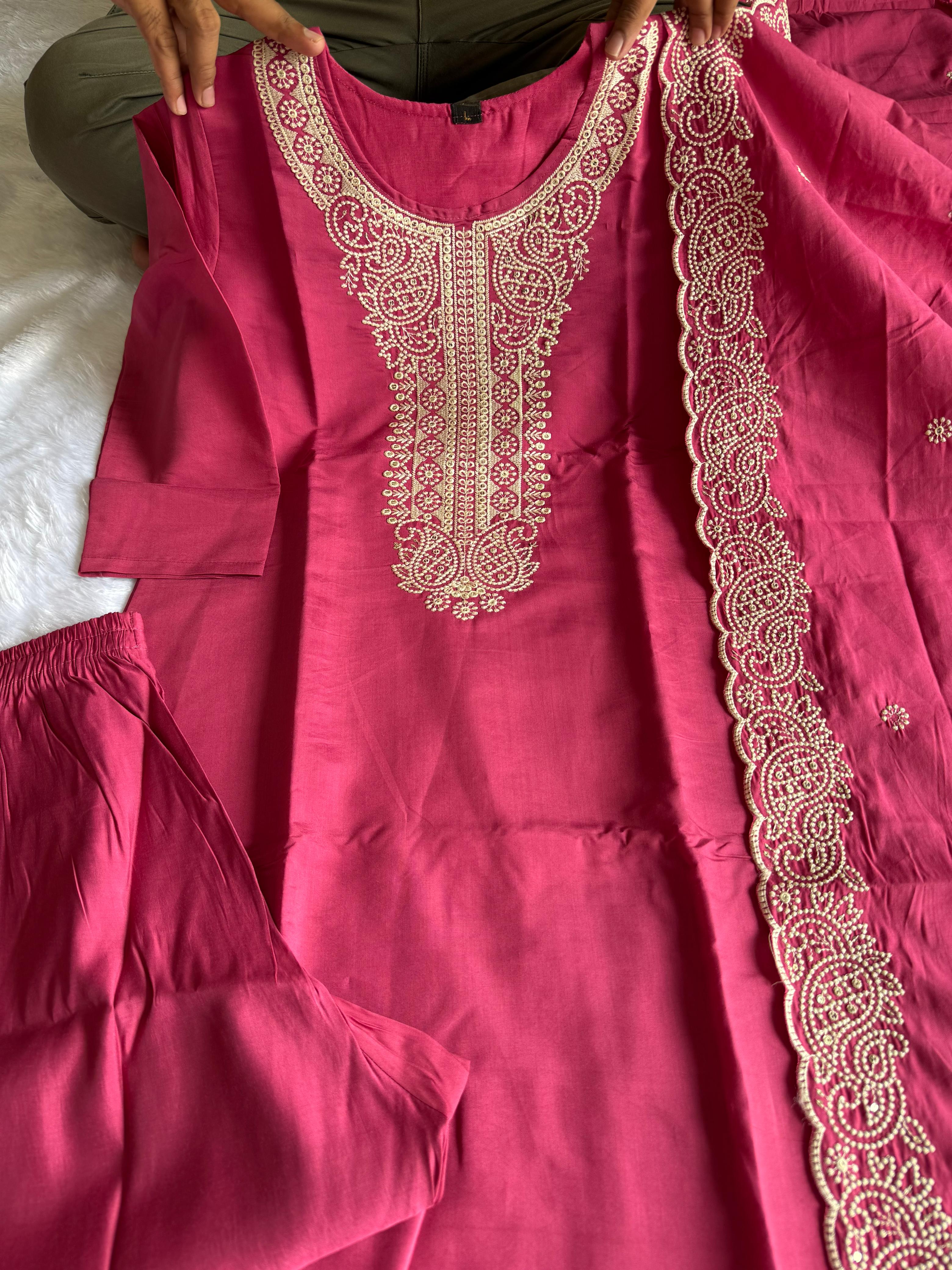 Graceful Peach Roman Silk Kurta Set with Detailed Embroidery