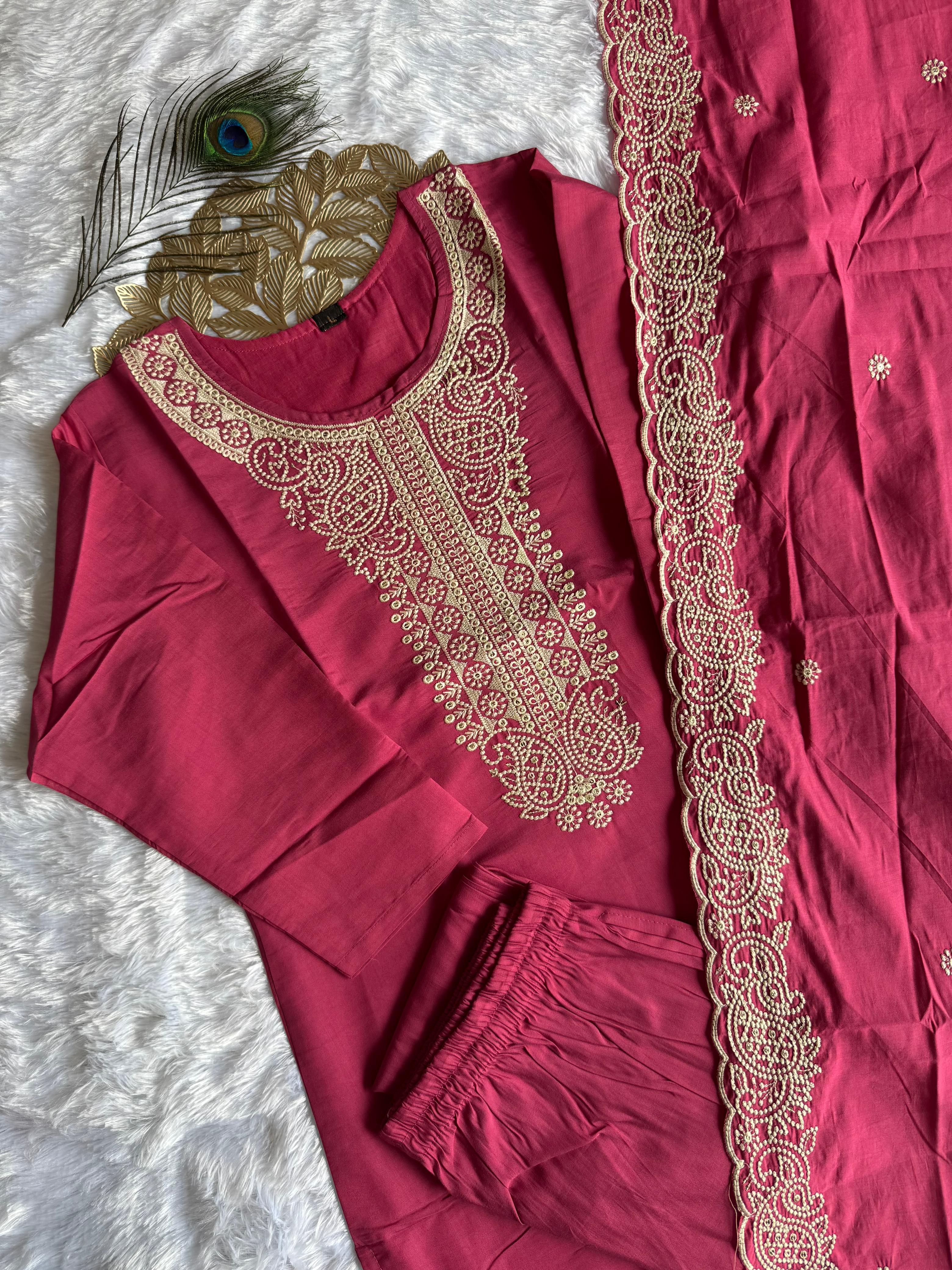 Graceful Peach Roman Silk Kurta Set with Detailed Embroidery