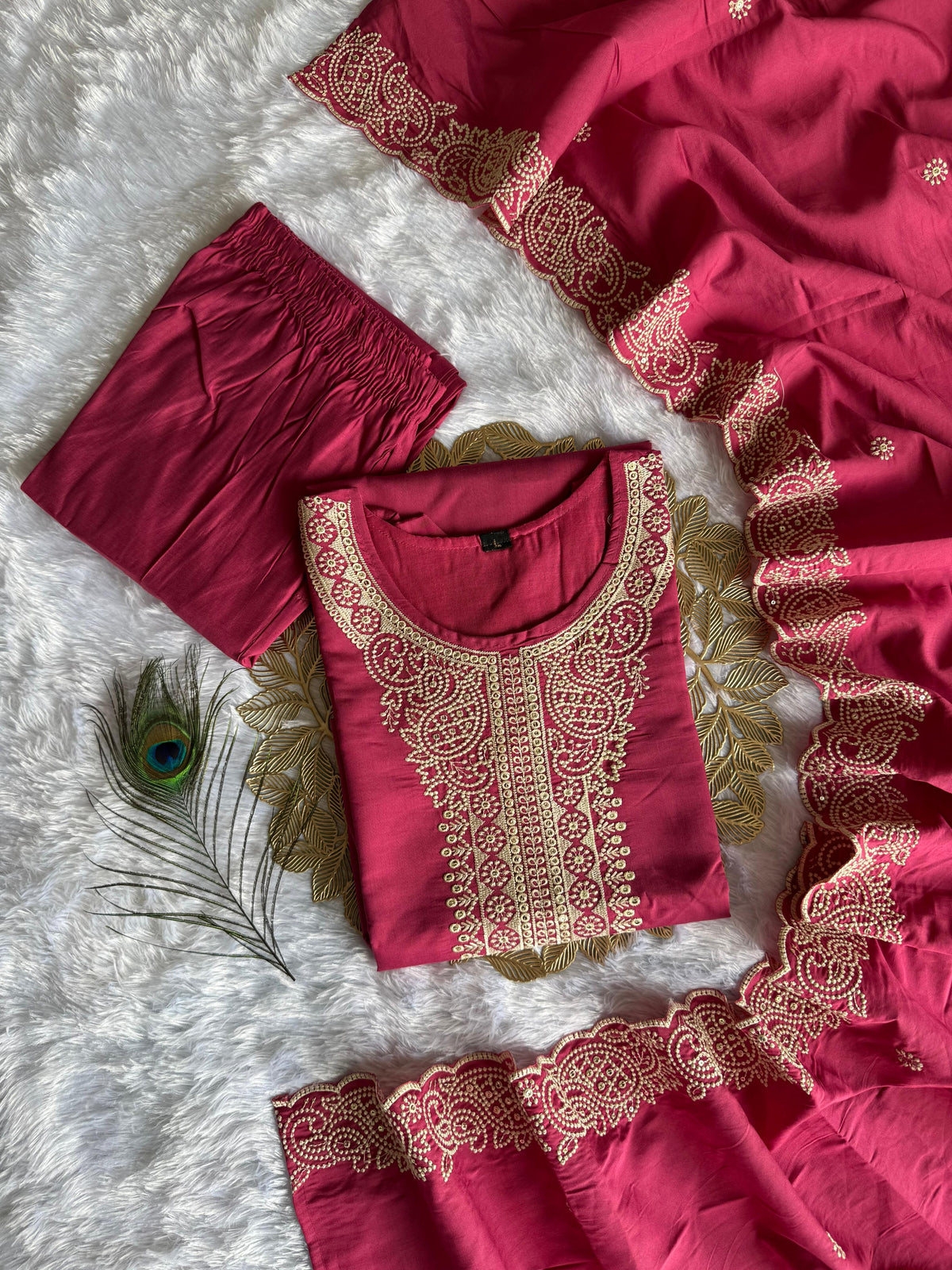 Graceful Peach Roman Silk Kurta Set with Detailed Embroidery