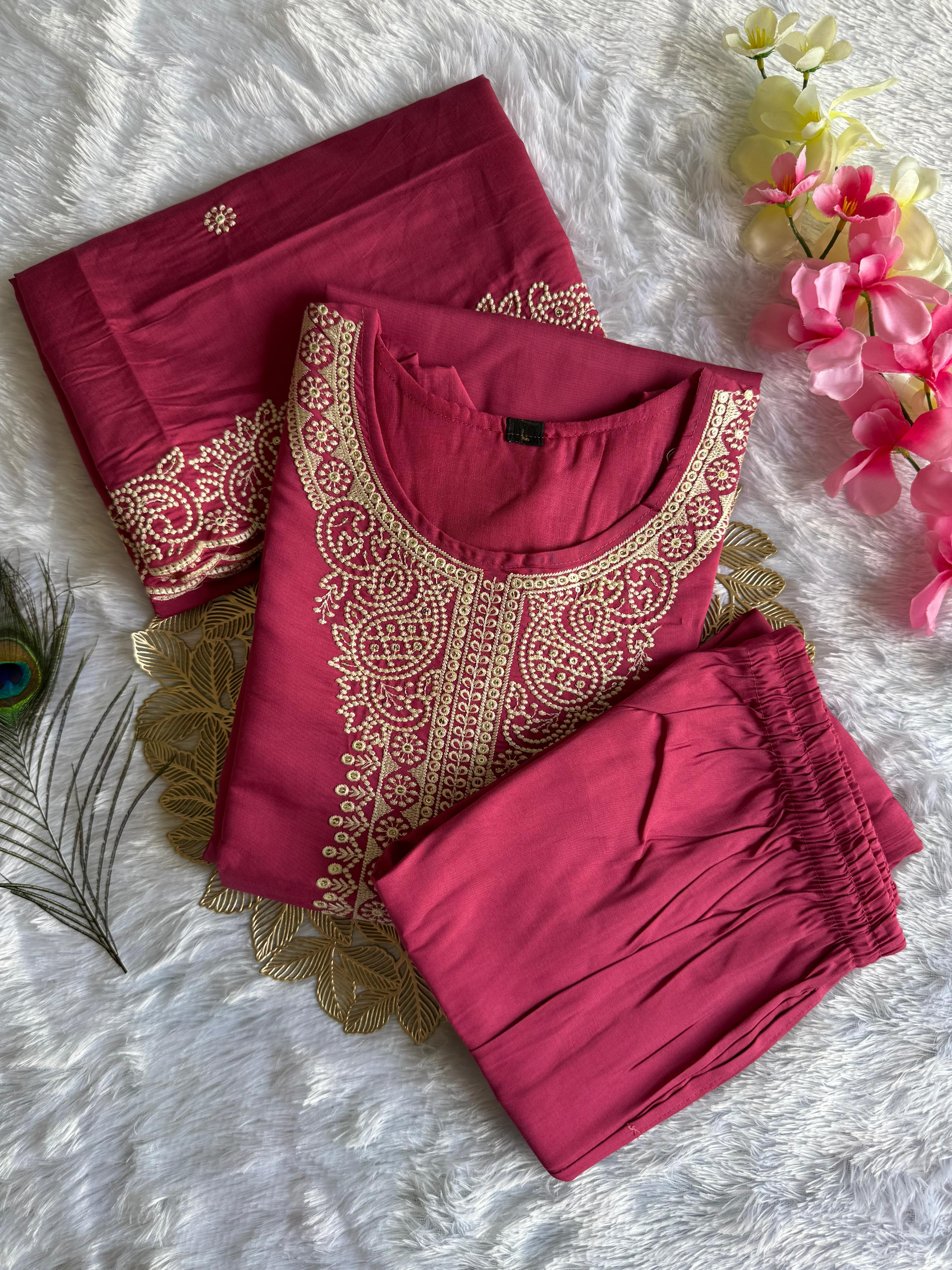 Graceful Peach Roman Silk Kurta Set with Detailed Embroidery