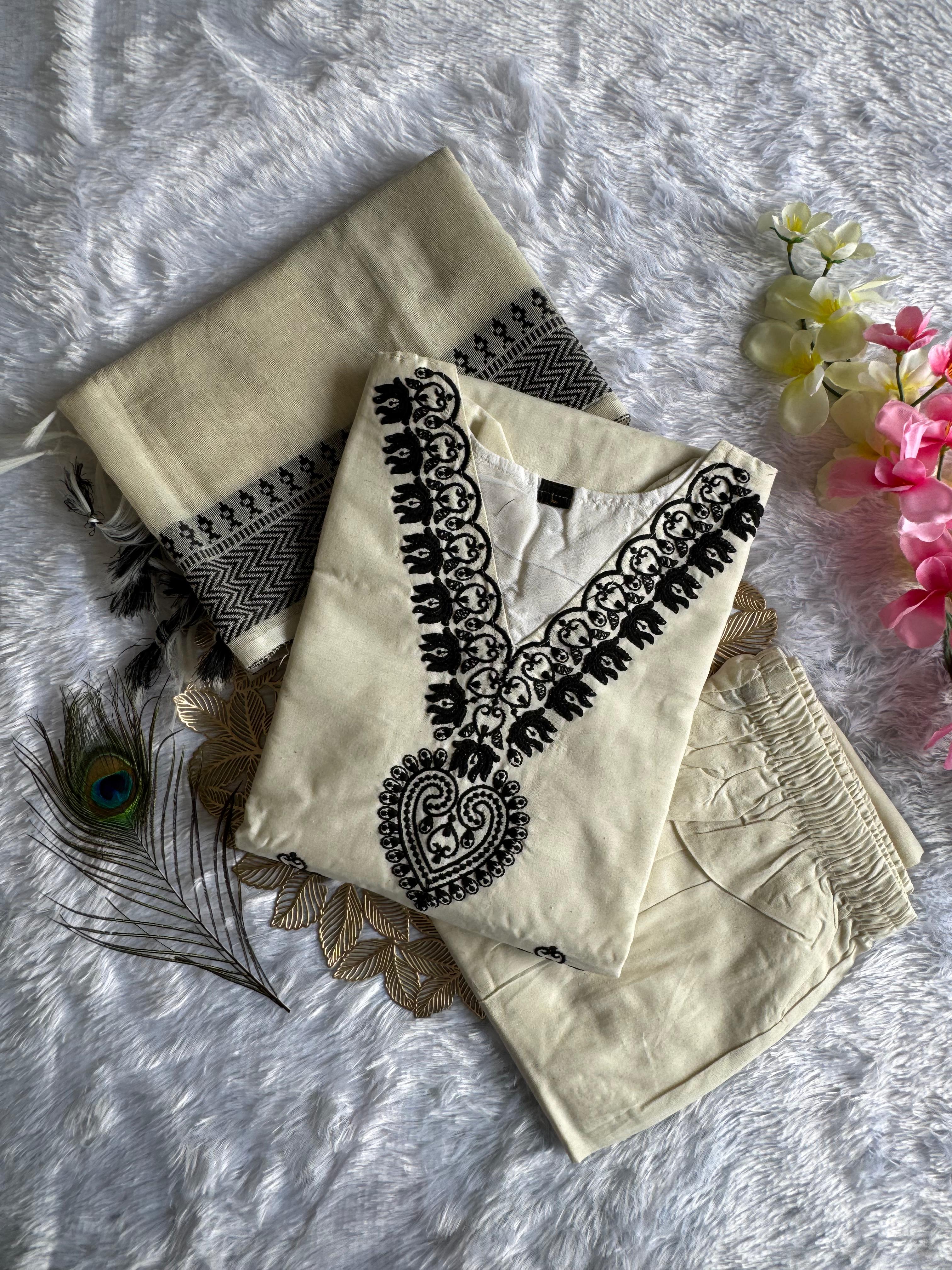 Traditional White Cotton Embroidered Kurta Set with Trouser & Dupatta