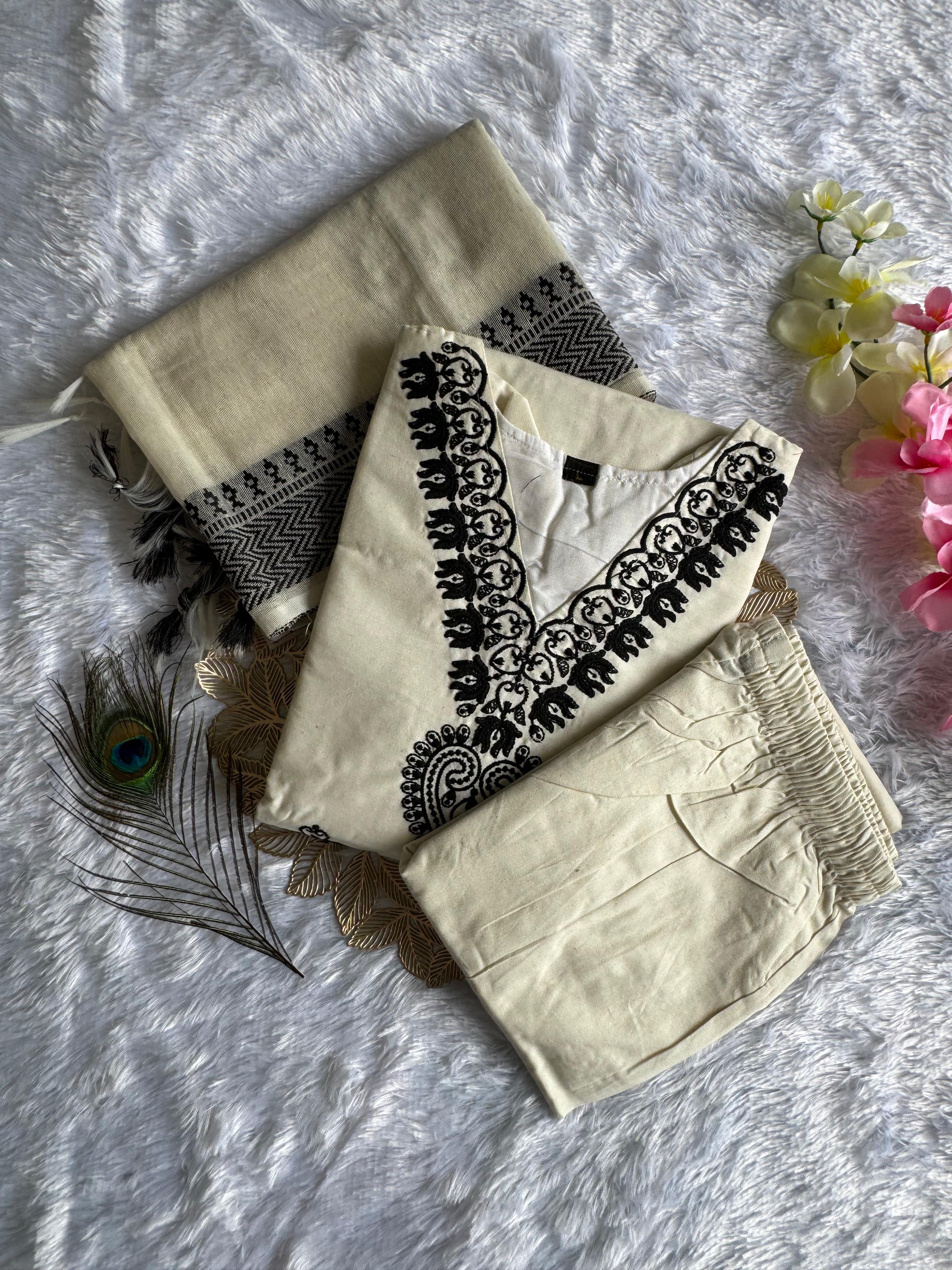 Traditional White Cotton Embroidered Kurta Set with Trouser & Dupatta