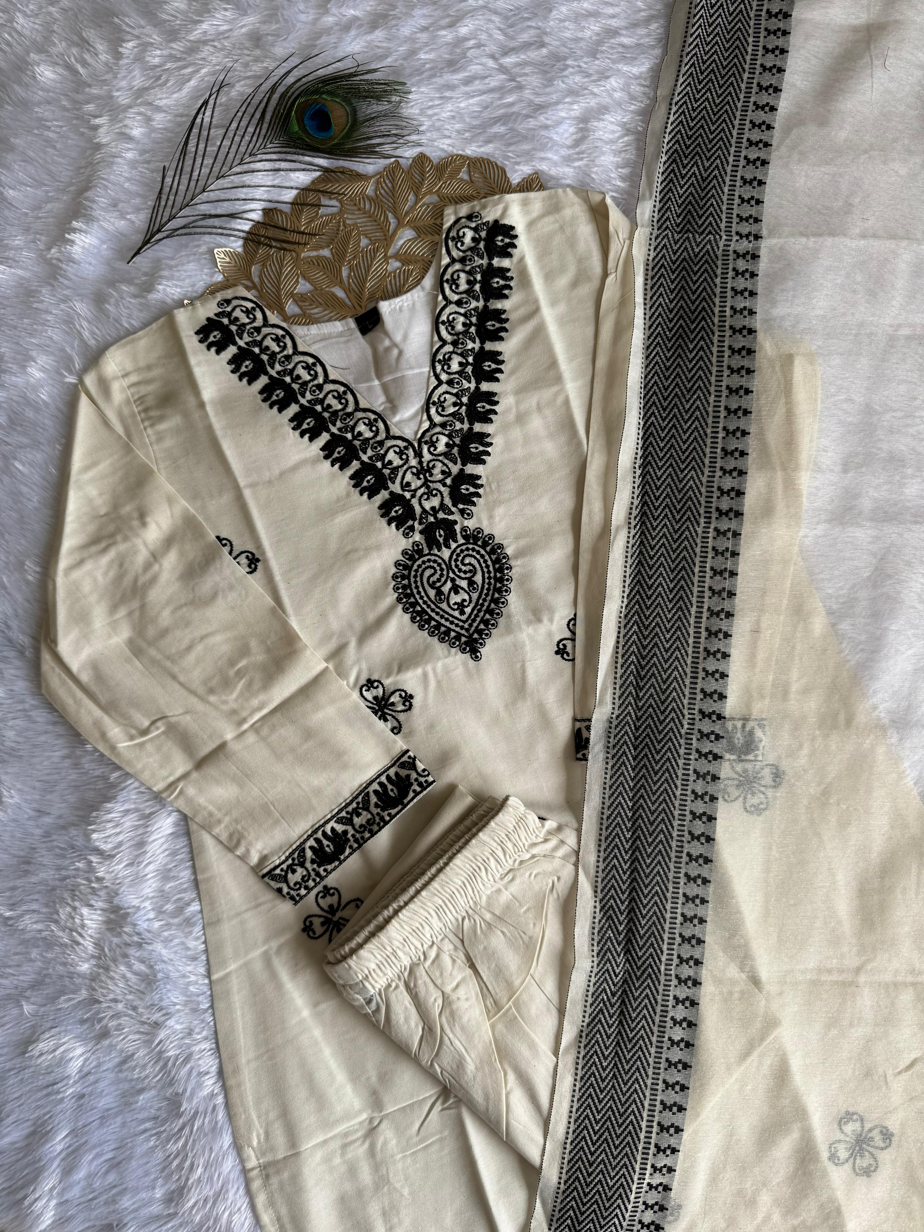 Traditional White Cotton Embroidered Kurta Set with Trouser & Dupatta
