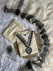 Traditional White Cotton Embroidered Kurta Set with Trouser & Dupatta