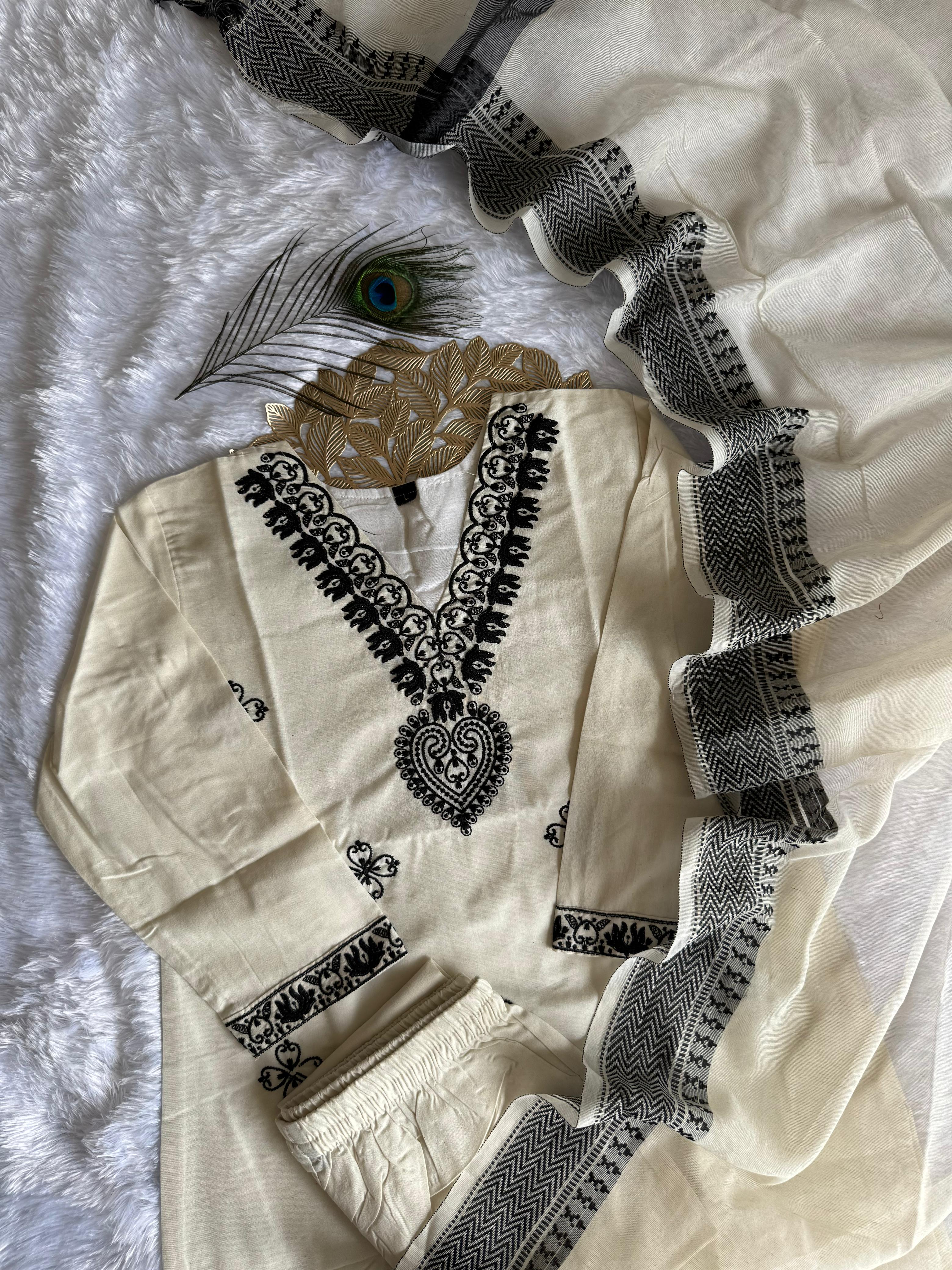 Traditional White Cotton Embroidered Kurta Set with Trouser & Dupatta