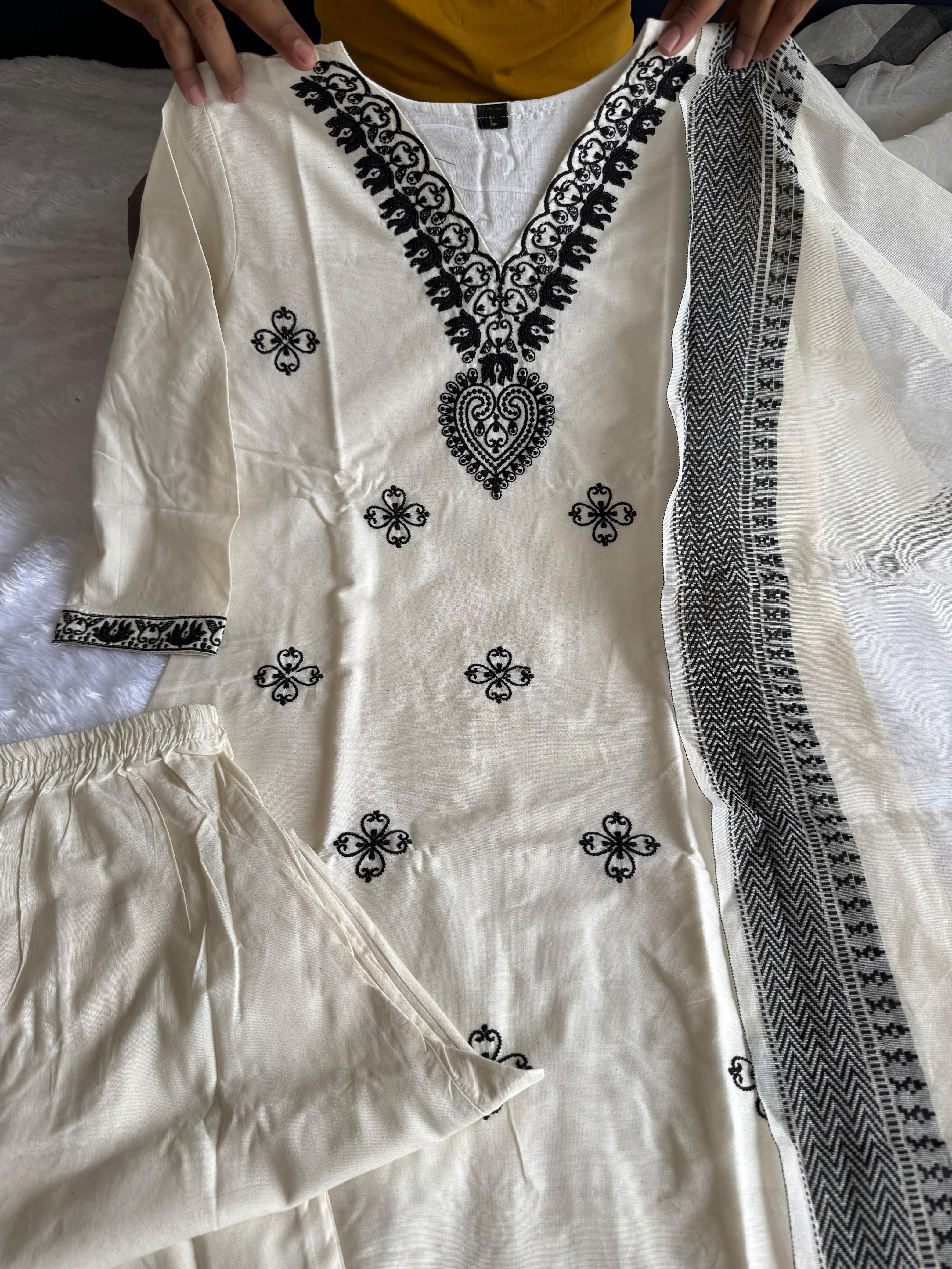 Traditional White Cotton Embroidered Kurta Set with Trouser & Dupatta