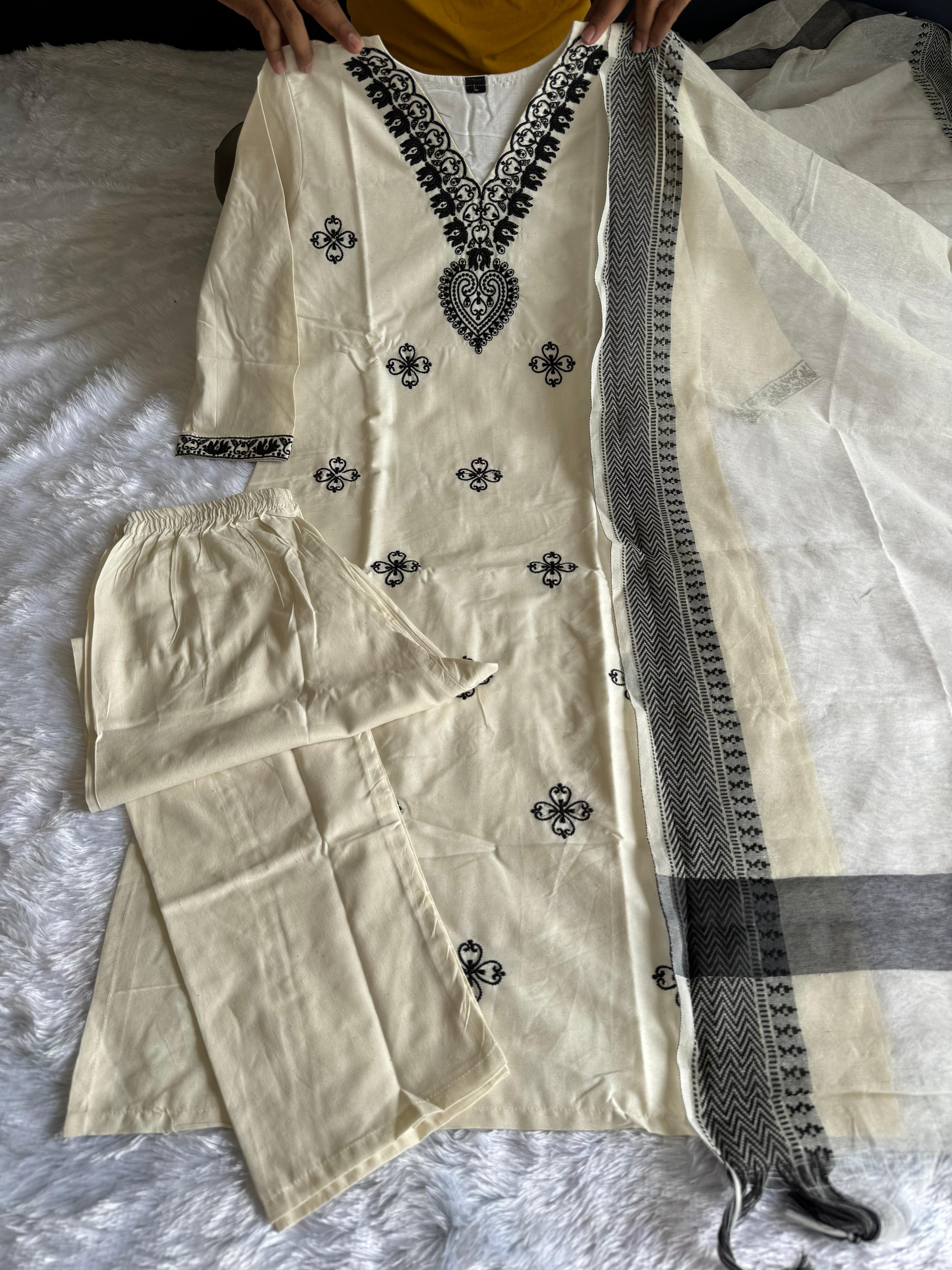 Traditional White Cotton Embroidered Kurta Set with Trouser & Dupatta