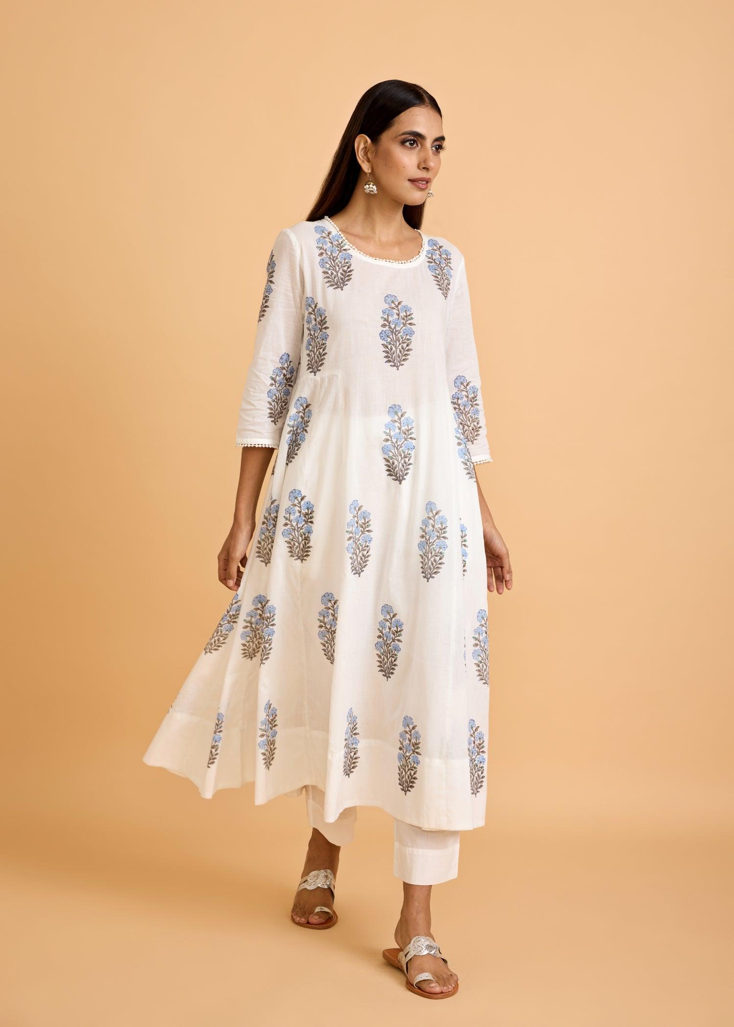 White & Blue Cotton Semi-Flared Kurta Set with Kota Doria Dupatta