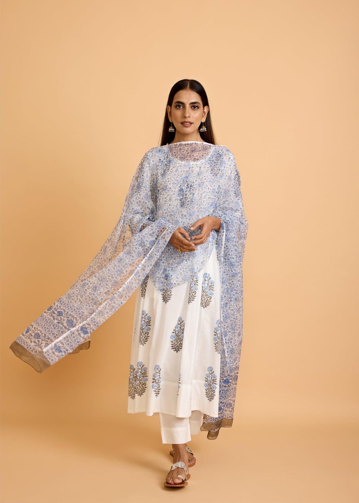 White & Blue Cotton Semi-Flared Kurta Set with Kota Doria Dupatta