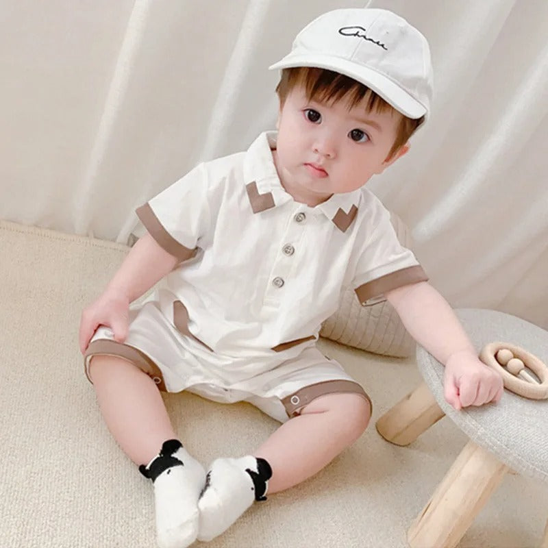 White Collared Baby Boy Romper – Soft Cotton Outfit for Special Occasions