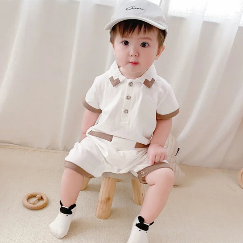 White Collared Baby Boy Romper – Soft Cotton Outfit for Special Occasions