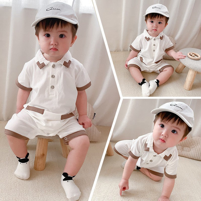 White Collared Baby Boy Romper – Soft Cotton Outfit for Special Occasions