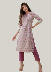 White Cotton Kurta with Purple Contrast Detailing & 3/4 Sleeves