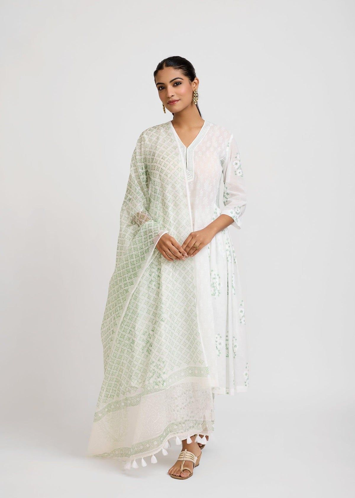 White Cotton Semi-Flared Kurta with Green Detailings