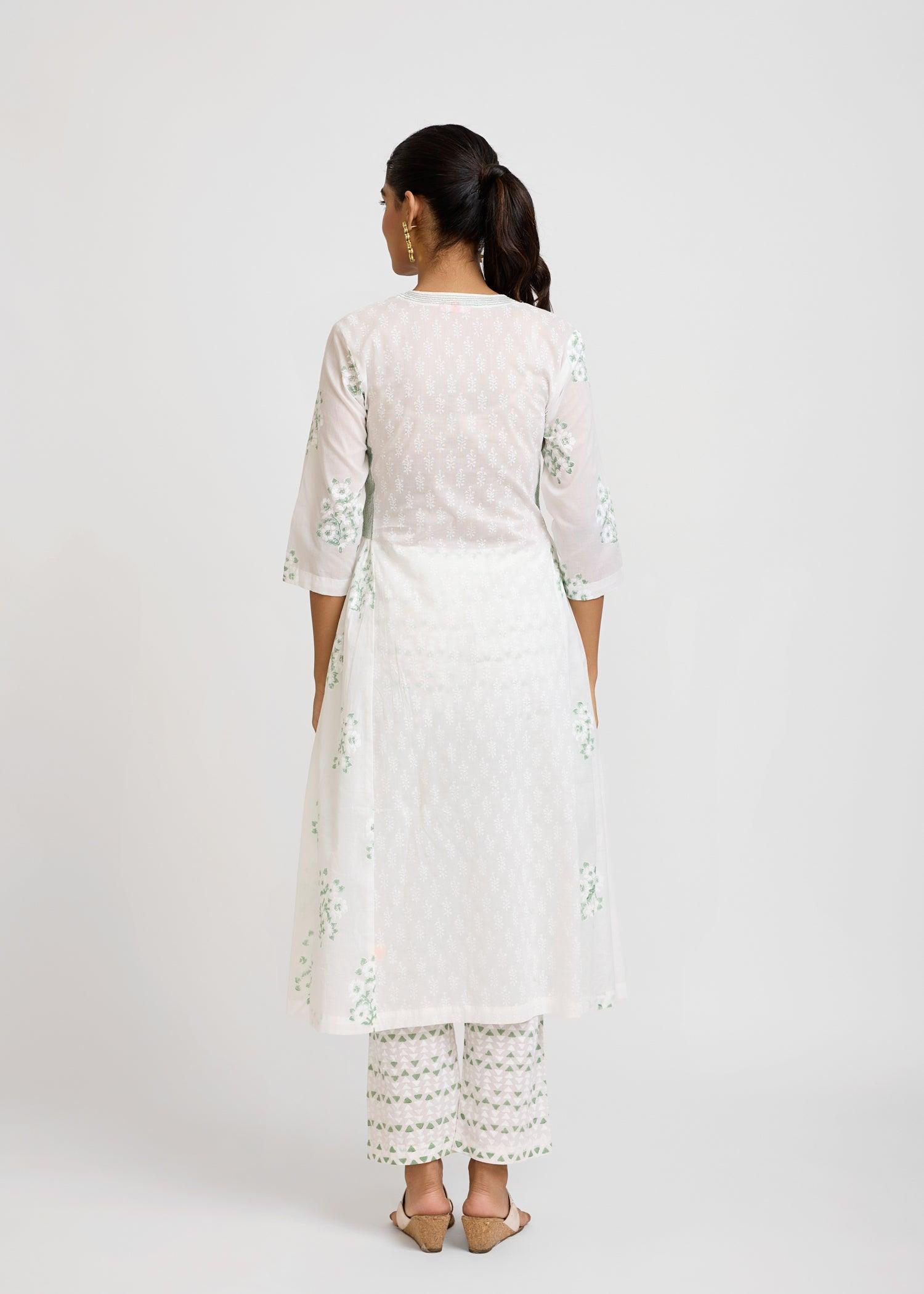 White Cotton Semi-Flared Kurta with Green Detailings