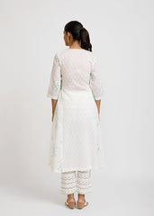 White Cotton Semi-Flared Kurta with Green Detailings