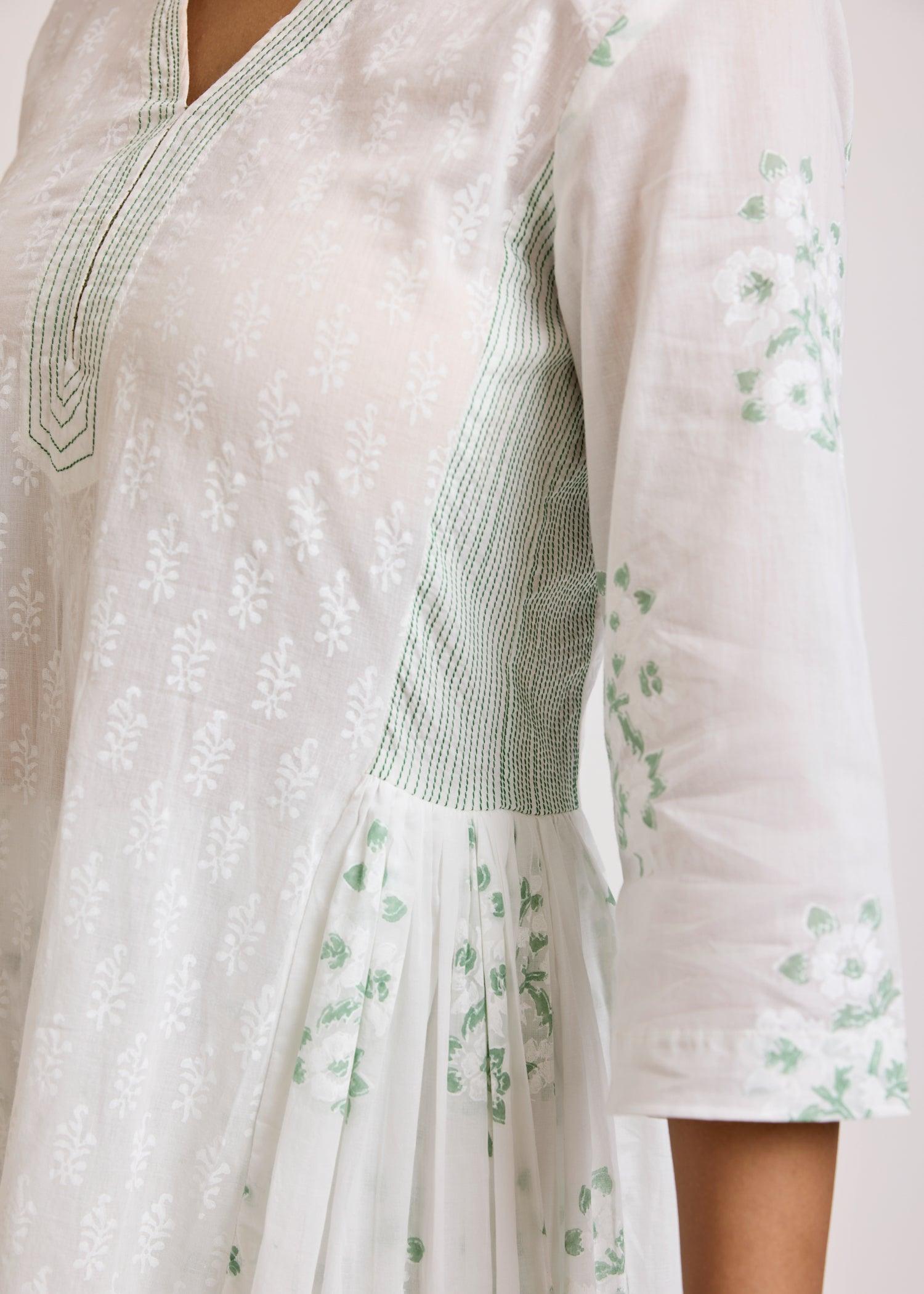 White Cotton Semi-Flared Kurta with Green Detailings